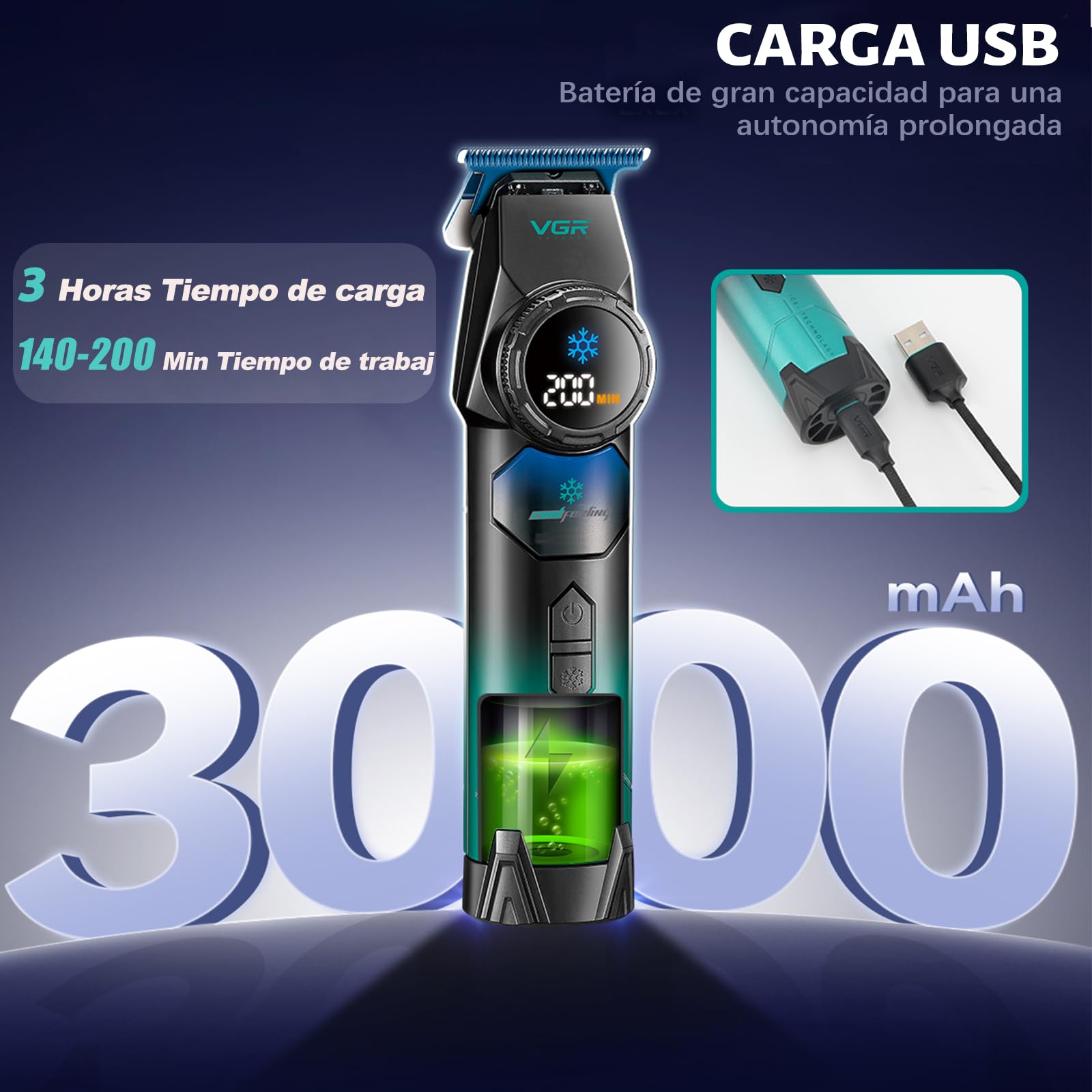 VGR 946 Maquina de Cortar Pelo Hombre, Función de Refrigeración | Inalámbrica Maquina Cortar Pelo Hombre Conhoja de Metalurgia de Polvo Cerámico Azul, Motor 8000 RPM, Pantalla LED