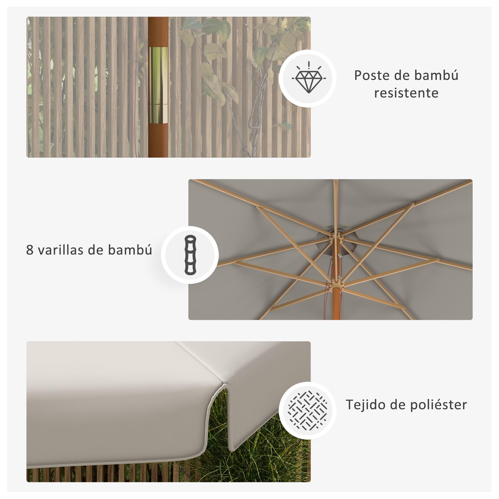 Outsunny Sombrilla Terraza Exterior Ø325 cm Sombrilla de Jardín con Sistema de Polea Techo Ventilado 8 Varillas de Bambú y Poste de Madera Parasol para Patio Terraza