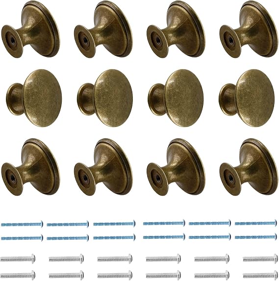 Brass Cabinet Knobs 1.18 Diameter, 12 Pcs | Metal Drawer Knobs, Round Dresser Handle, Kitchen Cabinet Hardware, Mounting Screws Included