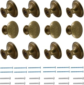 Brass Cabinet Knobs 1.18 Diameter, 12 Pcs | Metal Drawer Knobs, Round Dresser Handle, Kitchen Cabinet Hardware, Mounting Screws Included
