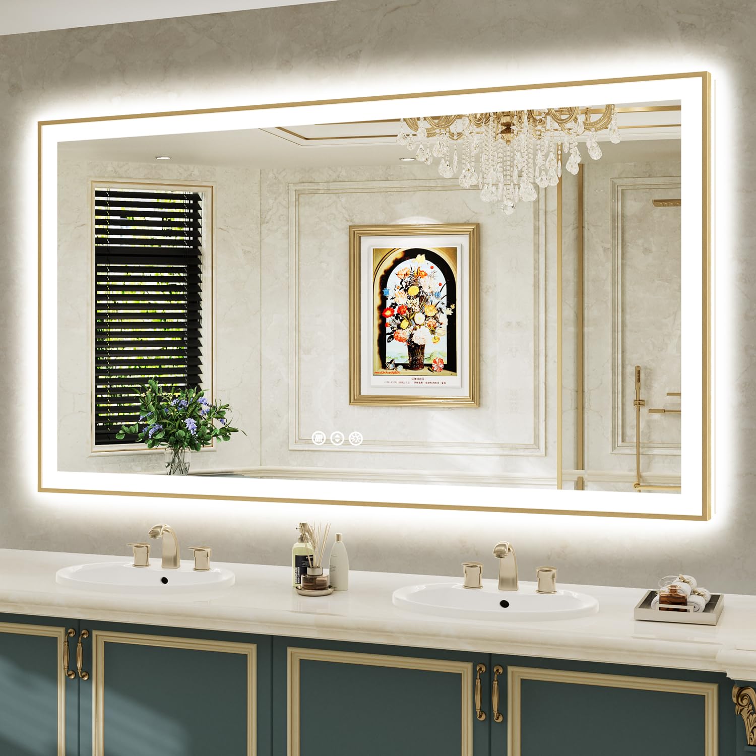68x38 LED Bathroom Mirror with Lights, Gold Framed Lighted Mirror