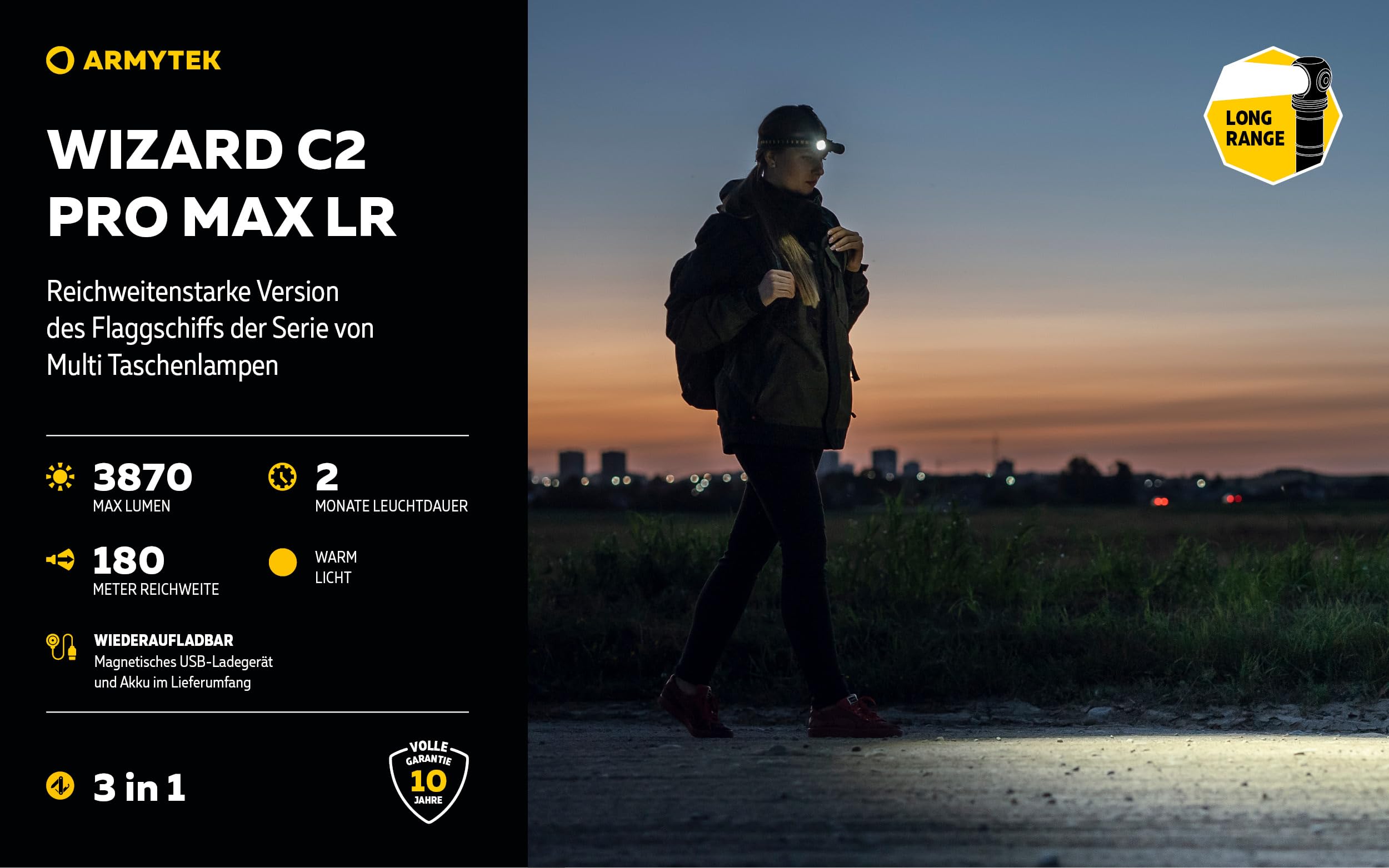 Armytek Wizard C2 Pro Max LR Warm LED Linterna con clip para cinturón, con estuche para batería 3870 lm 151 g