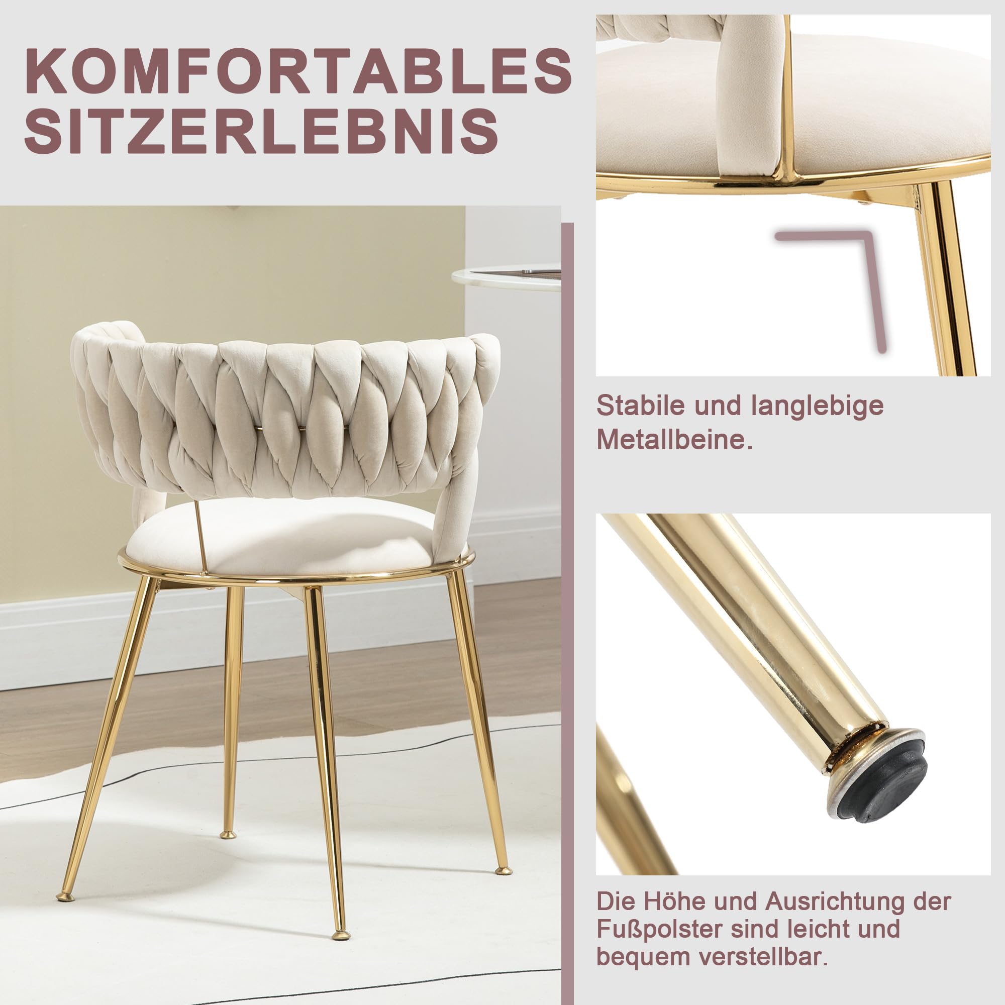 Samt Stuhl, Schalenstuhl mit Armlehne, Esszimmerstühle, Sessel Modern mit Goldenen Metallbeinen und Weichen Kissen für Esszimmer, Wohnzimmer und Schlafzimmer (2er-Set, Beige-2)