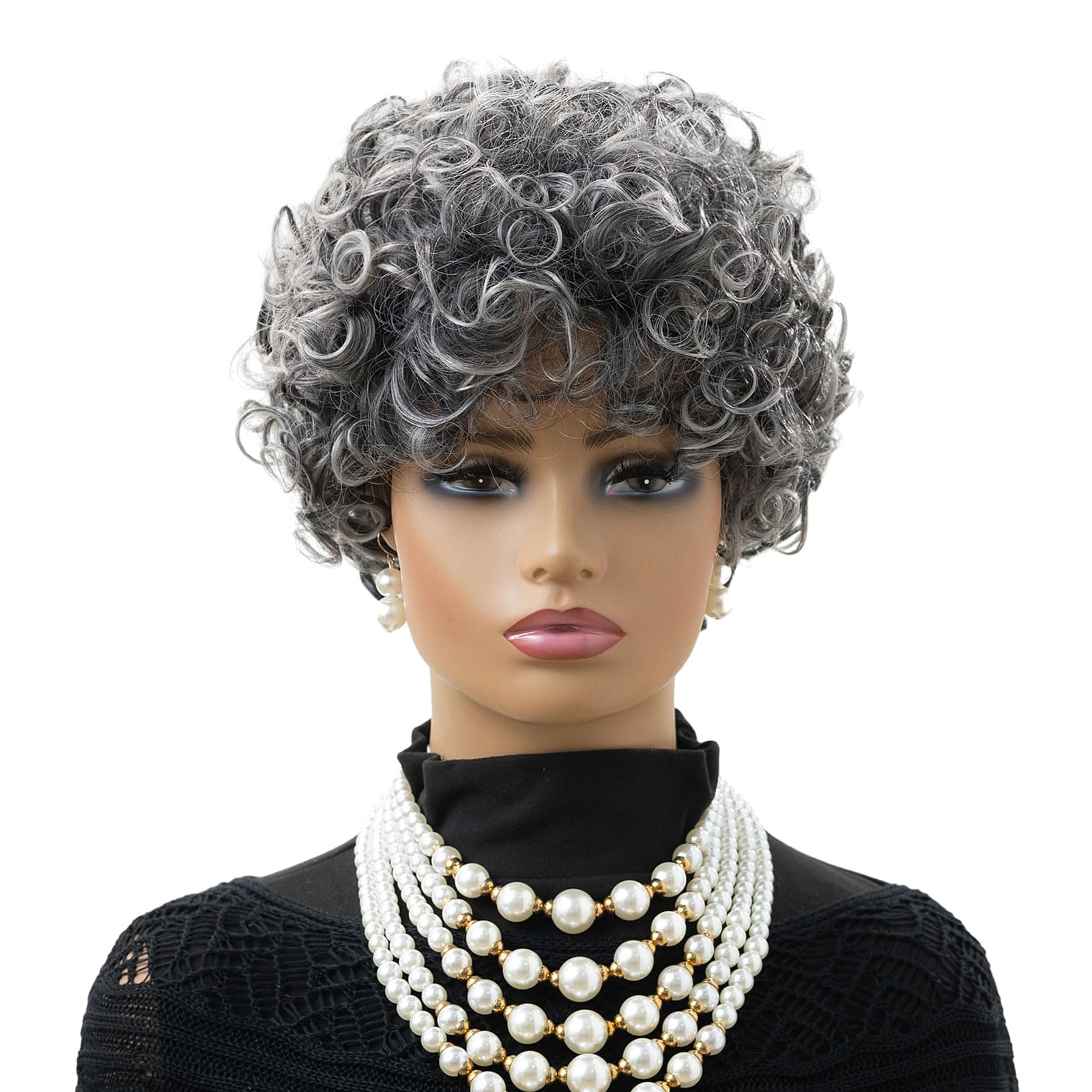 Short Curly Pixie Wig with Bangs and Adjustable Cap