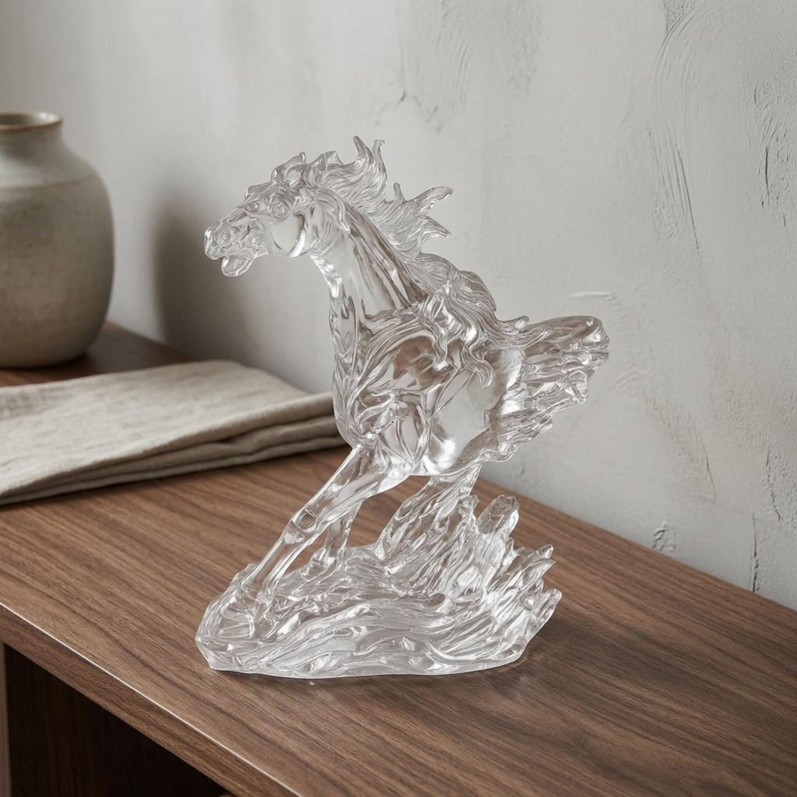 F Fityle Estatua Caballo Resina Escultura Figurilla Ornamento Decorativo Aspecto Similar al Cristal con Postura Erguida y Detalle en la Peana Adecuada para Sala Oficina Entrada Estanterías, Gris