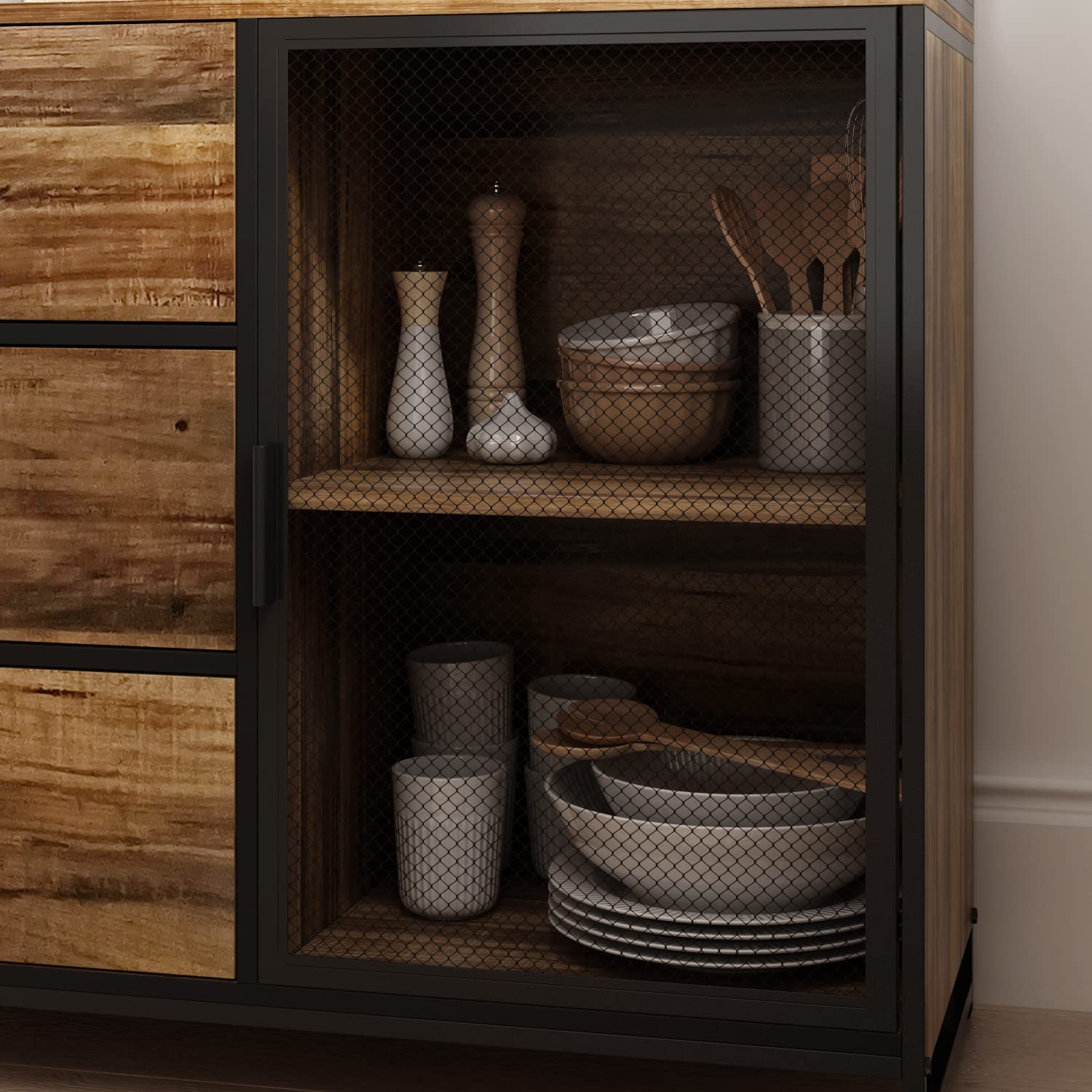 Armadietto da cucina alto a buffet, con 3 cassetti e 2 ante, stile industriale, ripiano aperto, forno a microonde, 100 x 40 x 175 cm, legno + ferro