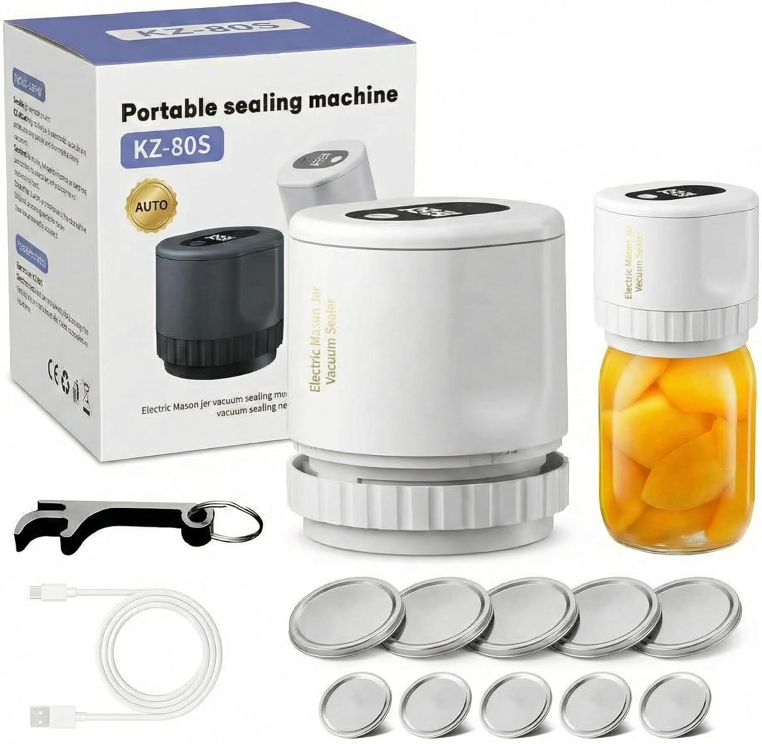 Electric Mason Jar Vacuum Sealer, One-Click Auto-Stop with Pressure-Sensing, Rechargeable Vacuum Sealing Machine for Wide & Regular Mouth Jars, Portable Mason Jar Sealer Vacuum Kit (White)