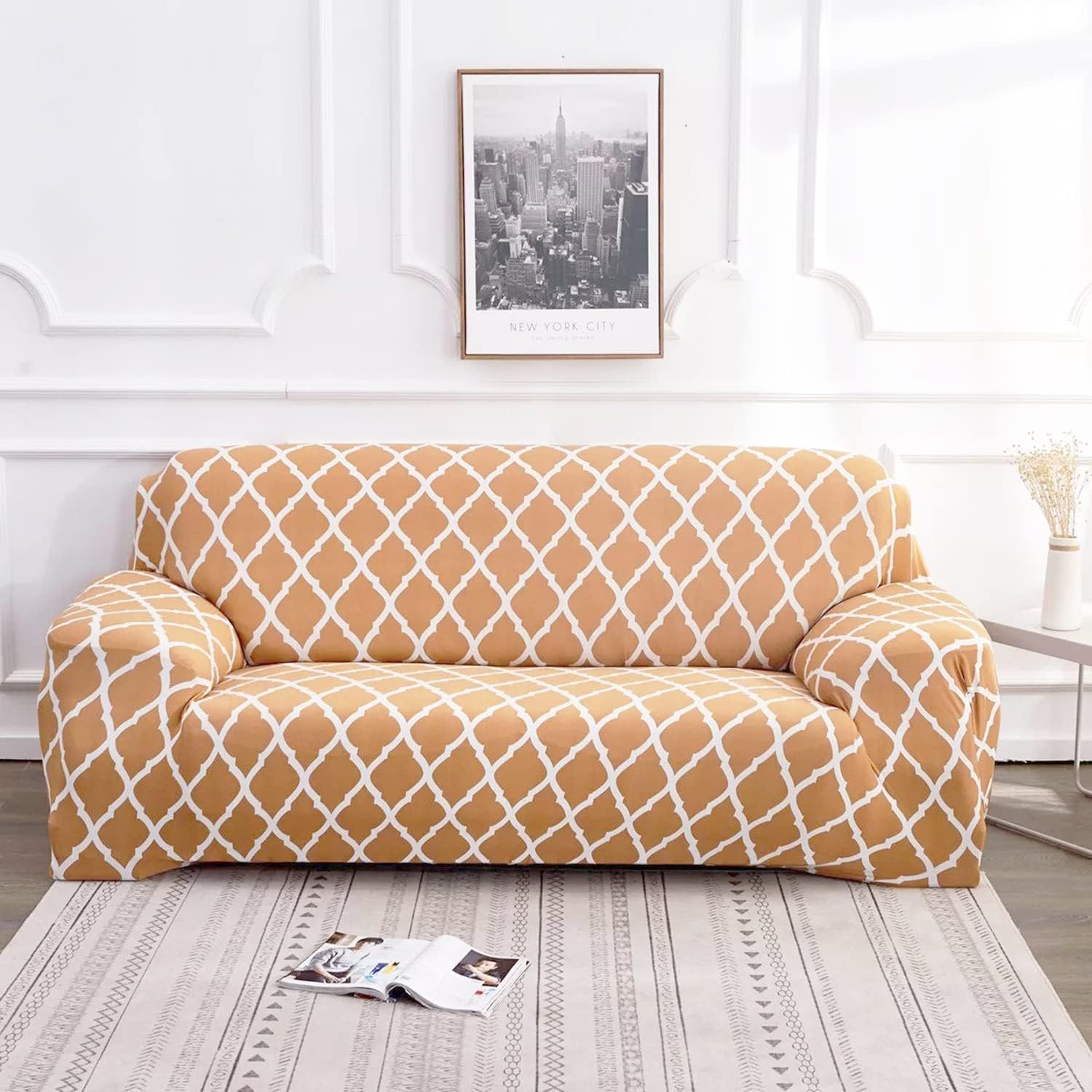 Printed Sofa Cover Elastic Stretchable Polyester Fabric | Fully Covered Furniture Protector | Living Room Seating Cover | 3 Seater Sofa Cover Pack of 3|Beige-image-5