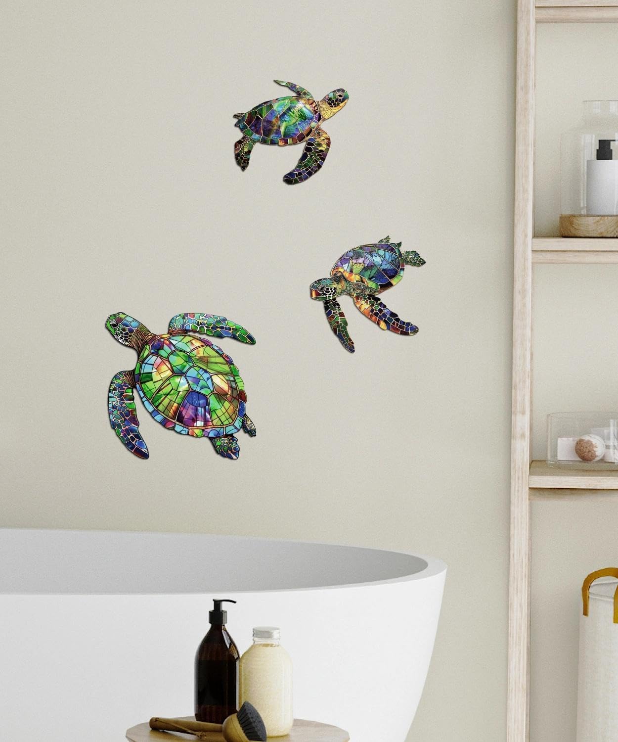 Putuo Decor 3PC Metal Sea Turtle Wall Decor, Stained Glass Coastal Ornament for Pool Lake House Bathroom Garden Home Indoor Outdoor, Beach Theme Wall Art Hanging Sculptures in 3 Sizes (9.8”,7.8”,5.9”)