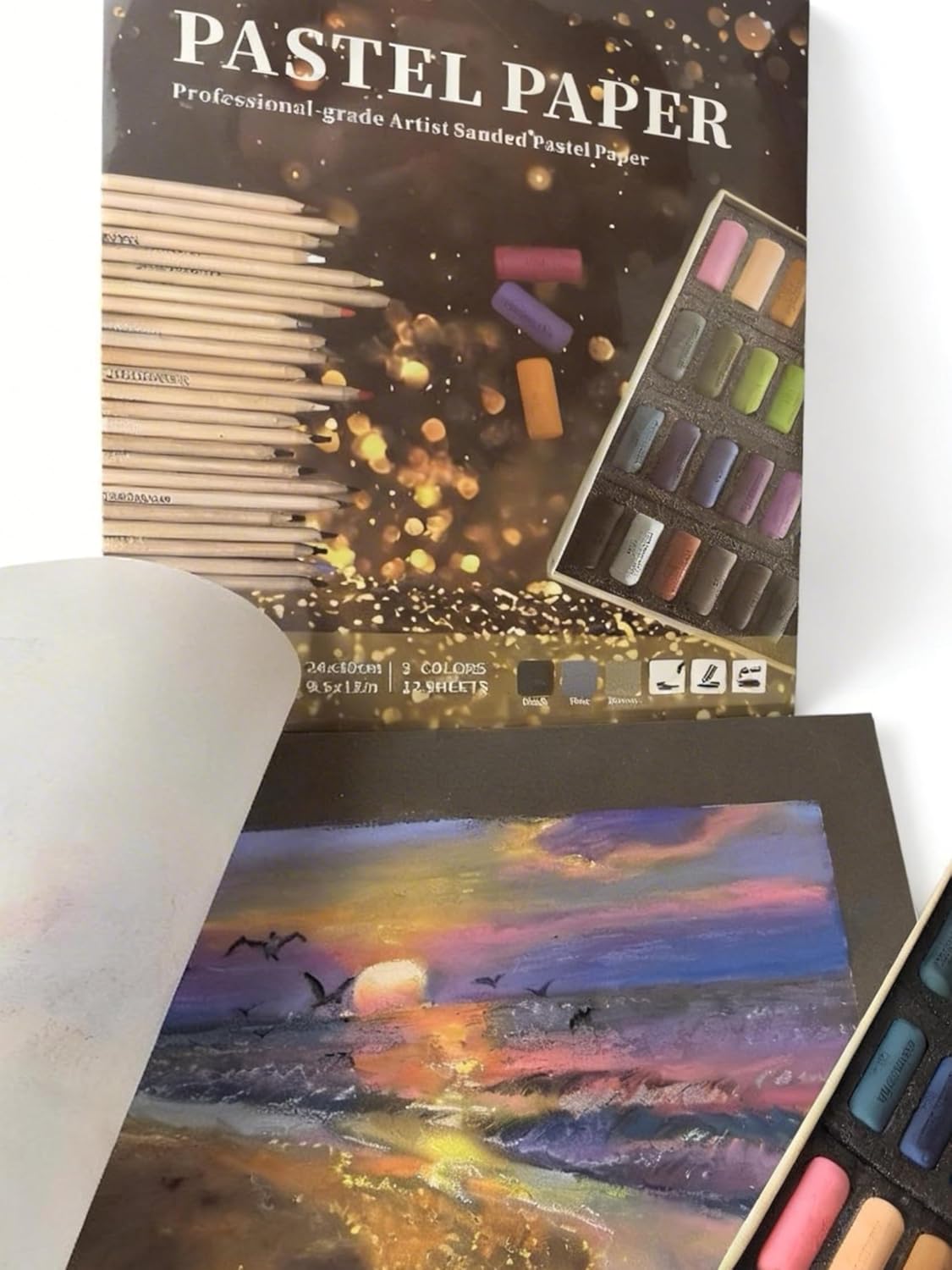 MAIMOUFIN 12-Sheet 3-Color Pastel Sandpaper Pad, Perfect Bound Pastel Paper Artist-Grade Heavyweight Grit Sanded Pastel Pad for Soft Pastel, Oil, Pencil, Charcoal & Acrylic Art Work (Dark Color)