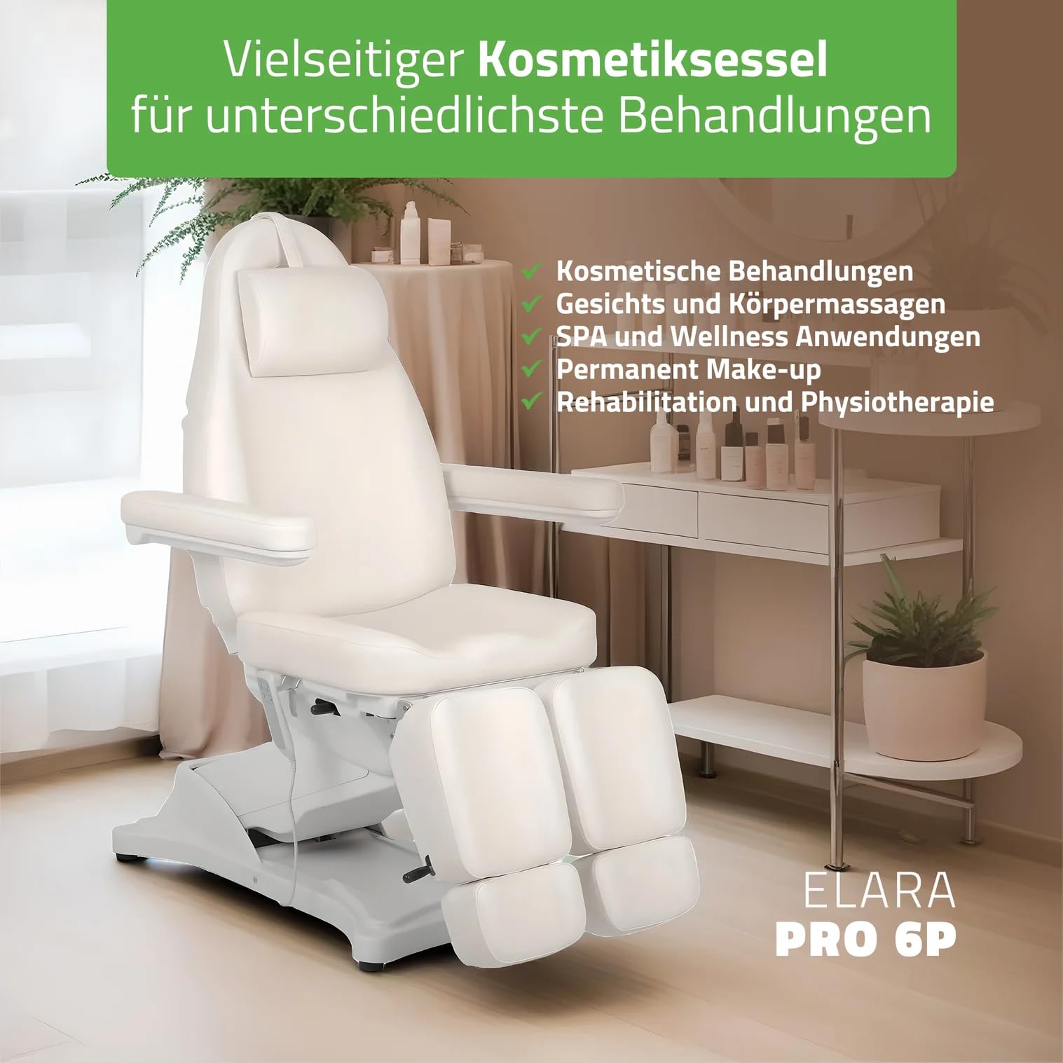 HABYS Elara PRO 6P Kosmetikliege Massageliege Kosmetiksessel Kosmetikstuhl | Höhenverstellbar Elektrisch | 185 x 57 cm | Weiß