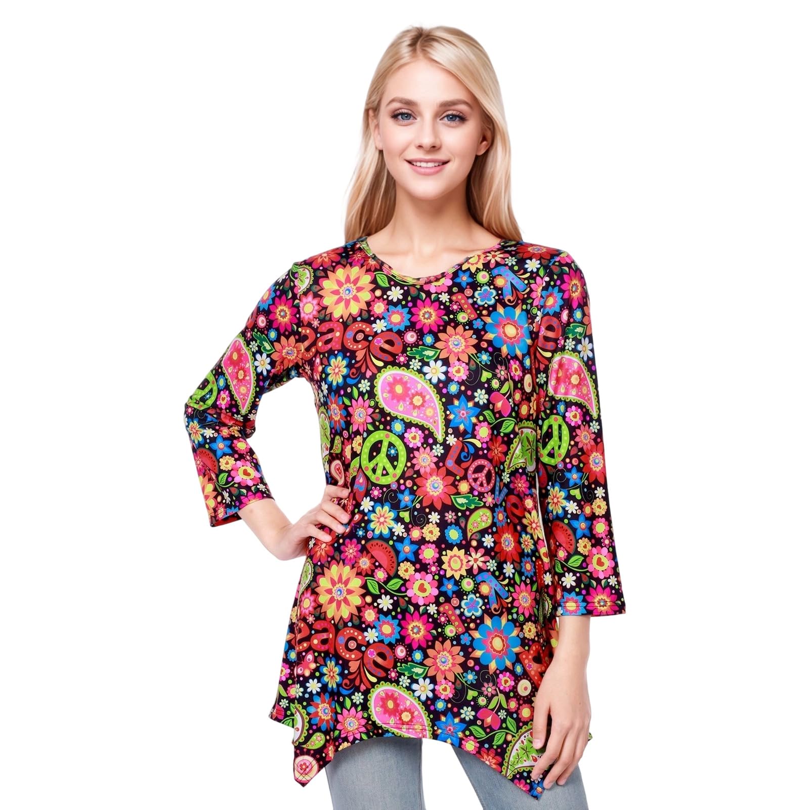 Disfraz hippie de los años 60 y 70 para mujer, estilo hawaiano, retro, vestido de verano, ligero, informal, cuello de pico, túnica, para carnaval, cosplay, disfraces