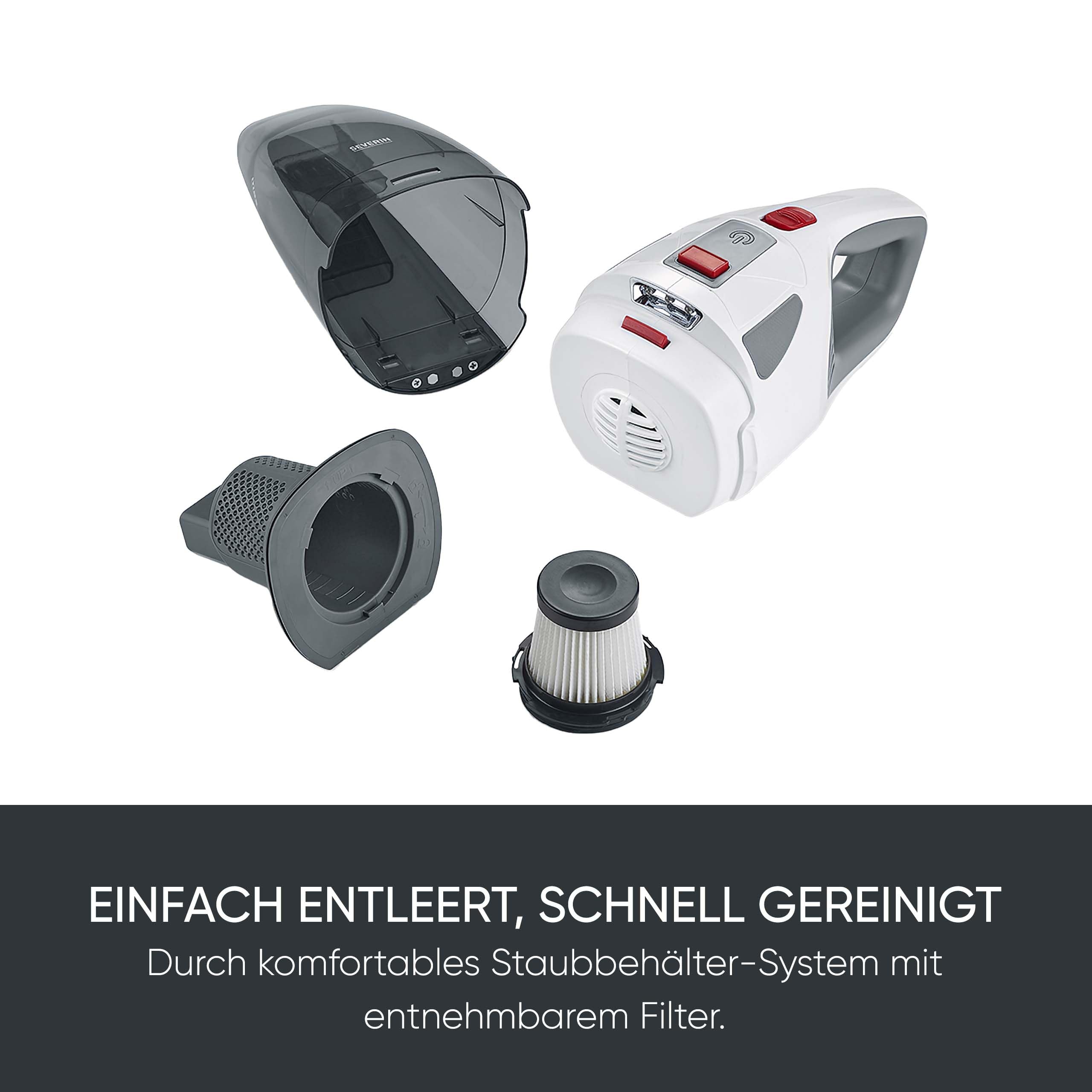 Severin 4-in-1 Akku-Handstaubsauger, kabelloser Nass- & Trockensauger für Autositze, Handsauger für Tierhaare & Flüssigkeiten, bis zu 30 Min Laufzeit im Eco-Mode, weiß-graurot, HV 7146