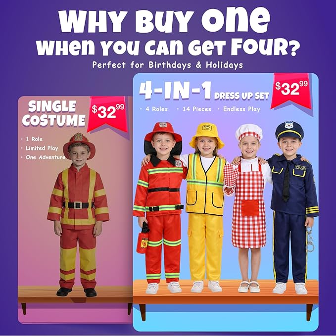 14 Piezas Disfraces para Niños 4 en 1 Policial Bombero Chef Constructor miniatura 4