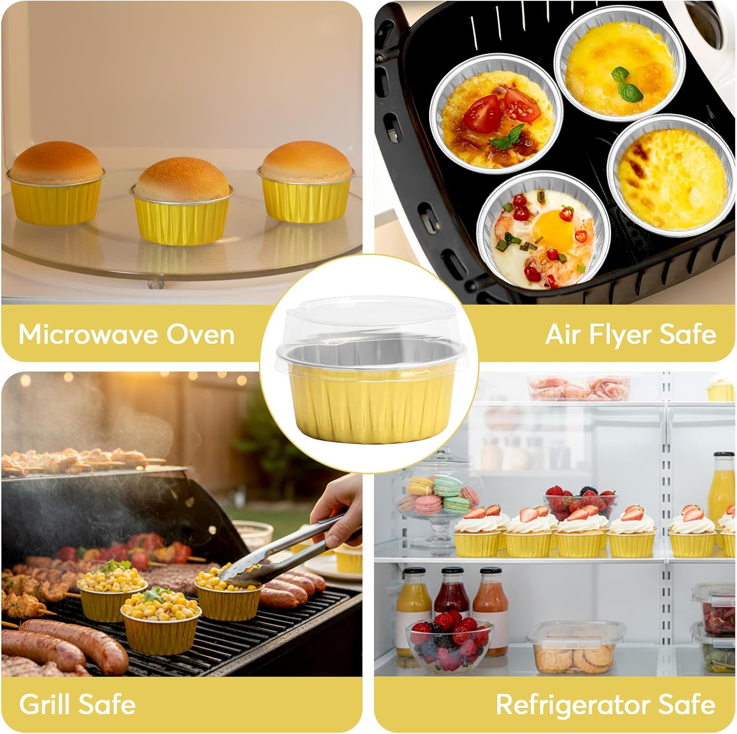Ruckae 5oz 100 PCS Round Mini Loaf Pans with Lids,Mini Cake Pans with Lids,Disposable Aluminum Foil Ramekins Baking Cups for Birthday Party Weddings (Gold, 5oz)