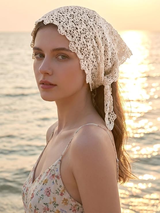 GERINLY Elegant Lace Crochet Neck Scarf Solid Color Triangle Head Bandana Shoulder Wrap For Women