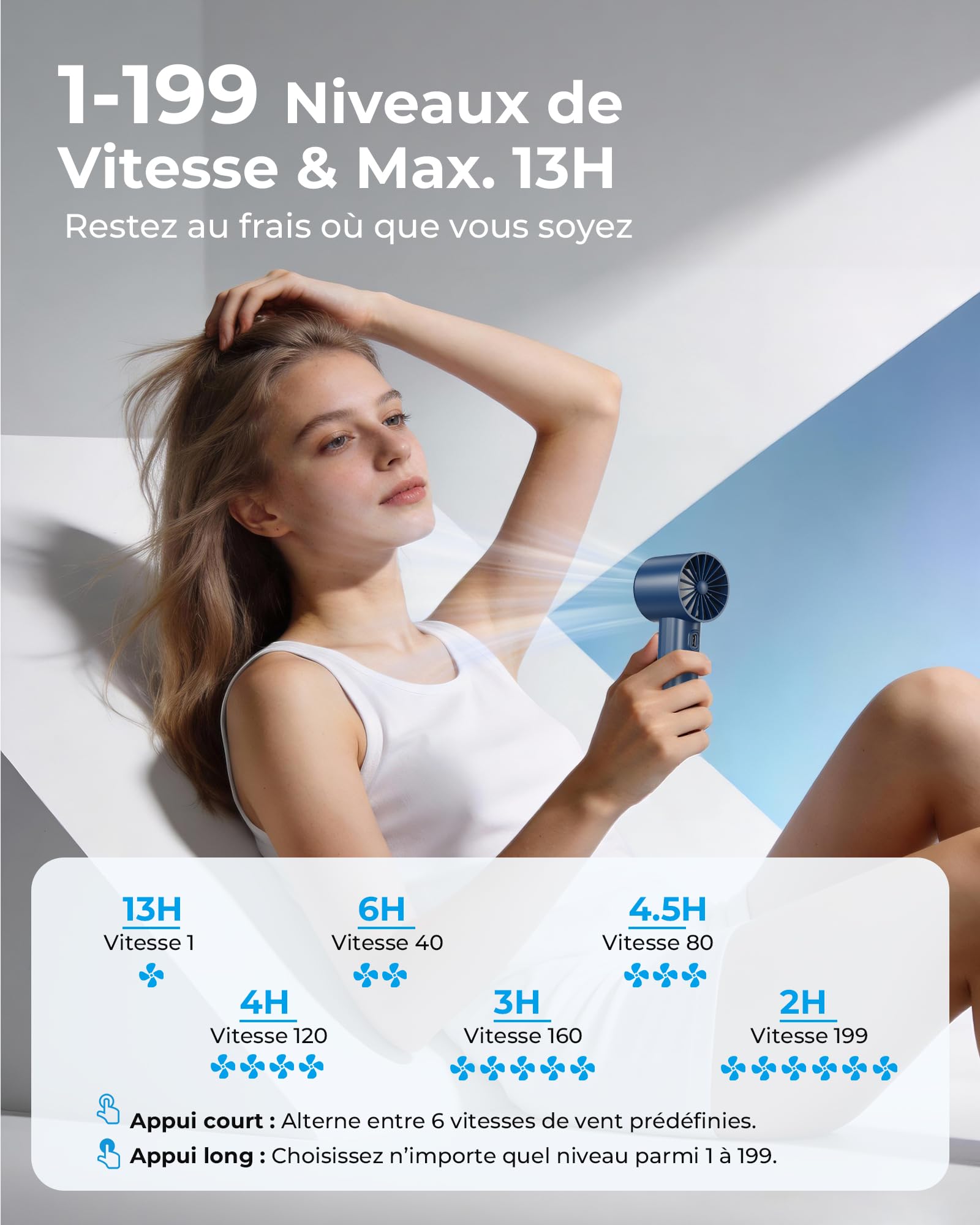 Ventilateur Portable à Main - 3000mAh Mini Ventilateur de Table USB,1-199 Vitesses,Jusqu'à 13H,Écran LED,Petit Ventilateurs Rechargeable,Fan sans Fil pour Voyage/Extérieur/Intérieur,avec Lanière - 3