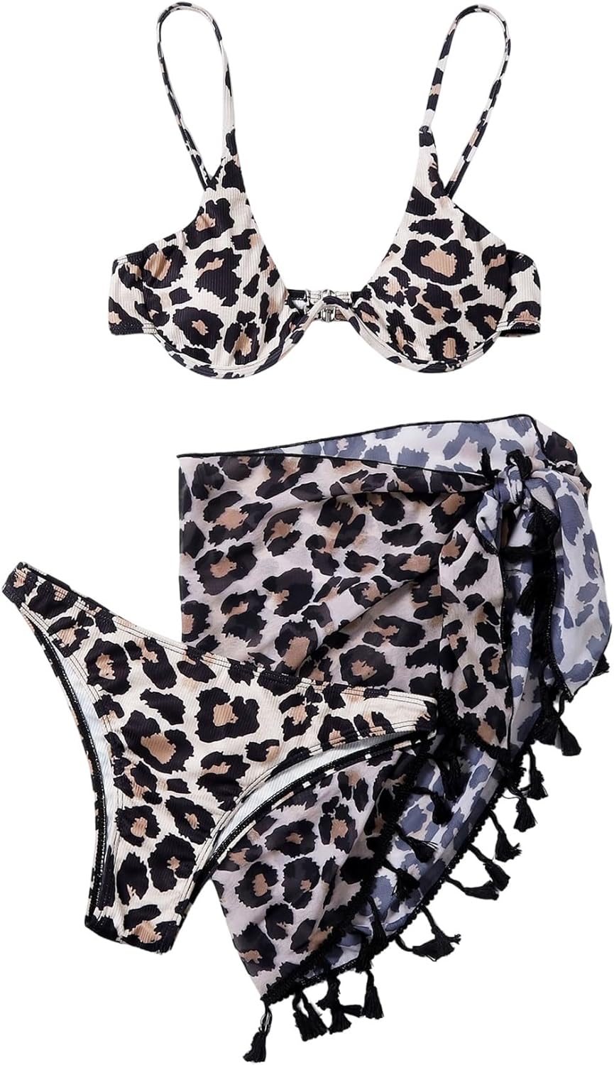 SweatyRocks Women's 3 Piece Bikini Set Leopard Print Triangle Swimsuit with Cover Up - Image 3
