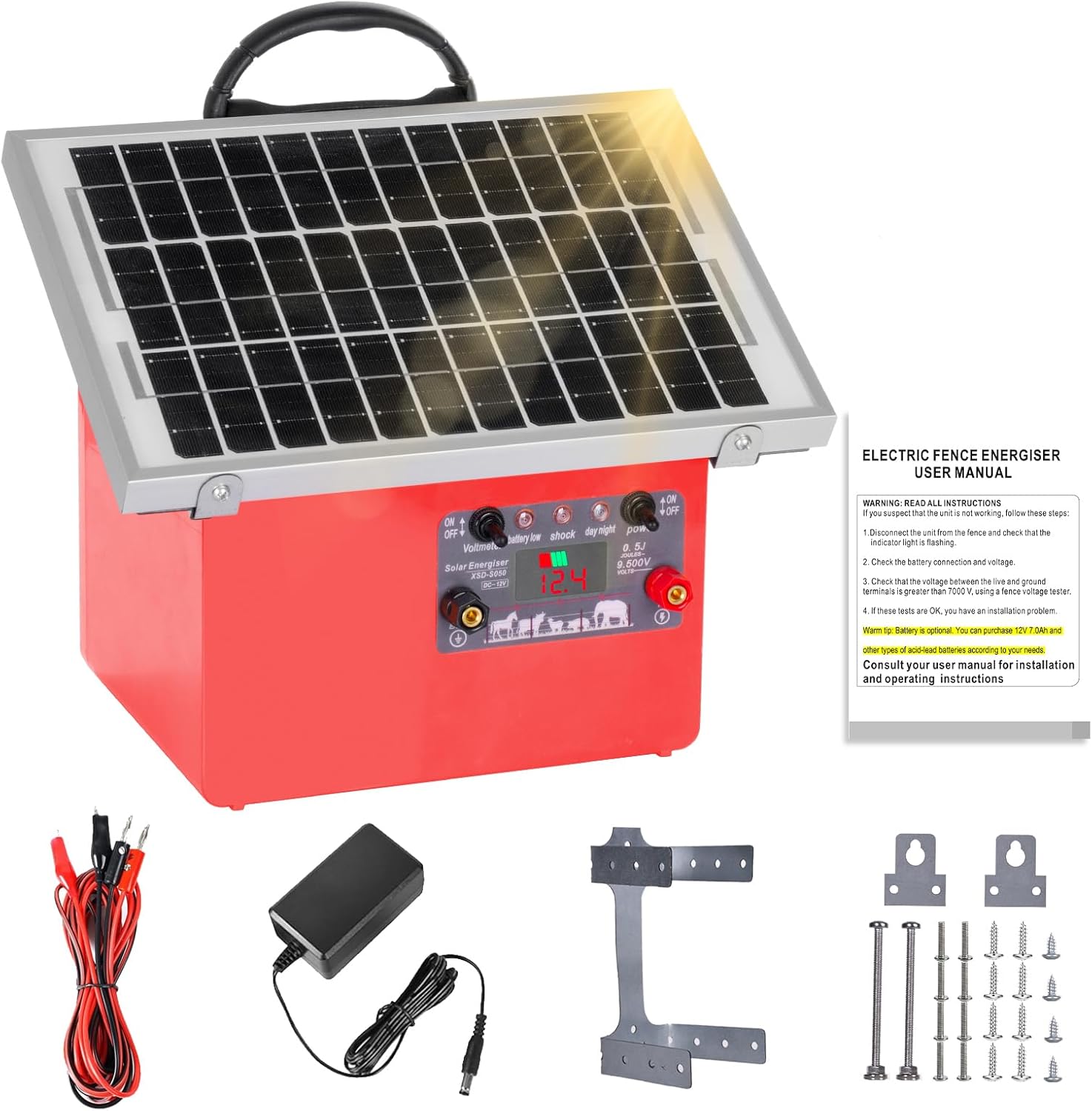 Solar Electric Fence Charger for Livestock,20 Miles Protection Range,24H/14D Uninterrupted Power,9.5KV Adjustable Output,7.5W Solar Panel,0.5 Joules Energy Output