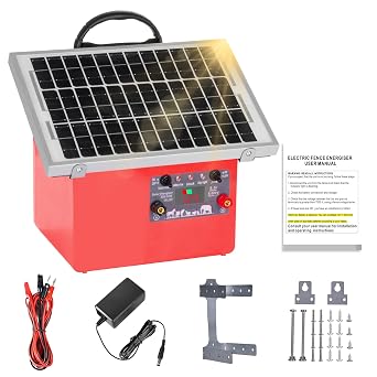 Solar Electric Fence Charger for Livestock,20 Miles Protection Range,24H/14D Uninterrupted Power,9.5KV Adjustable Output,7.5W Solar Panel,0.5 Joules Energy Output