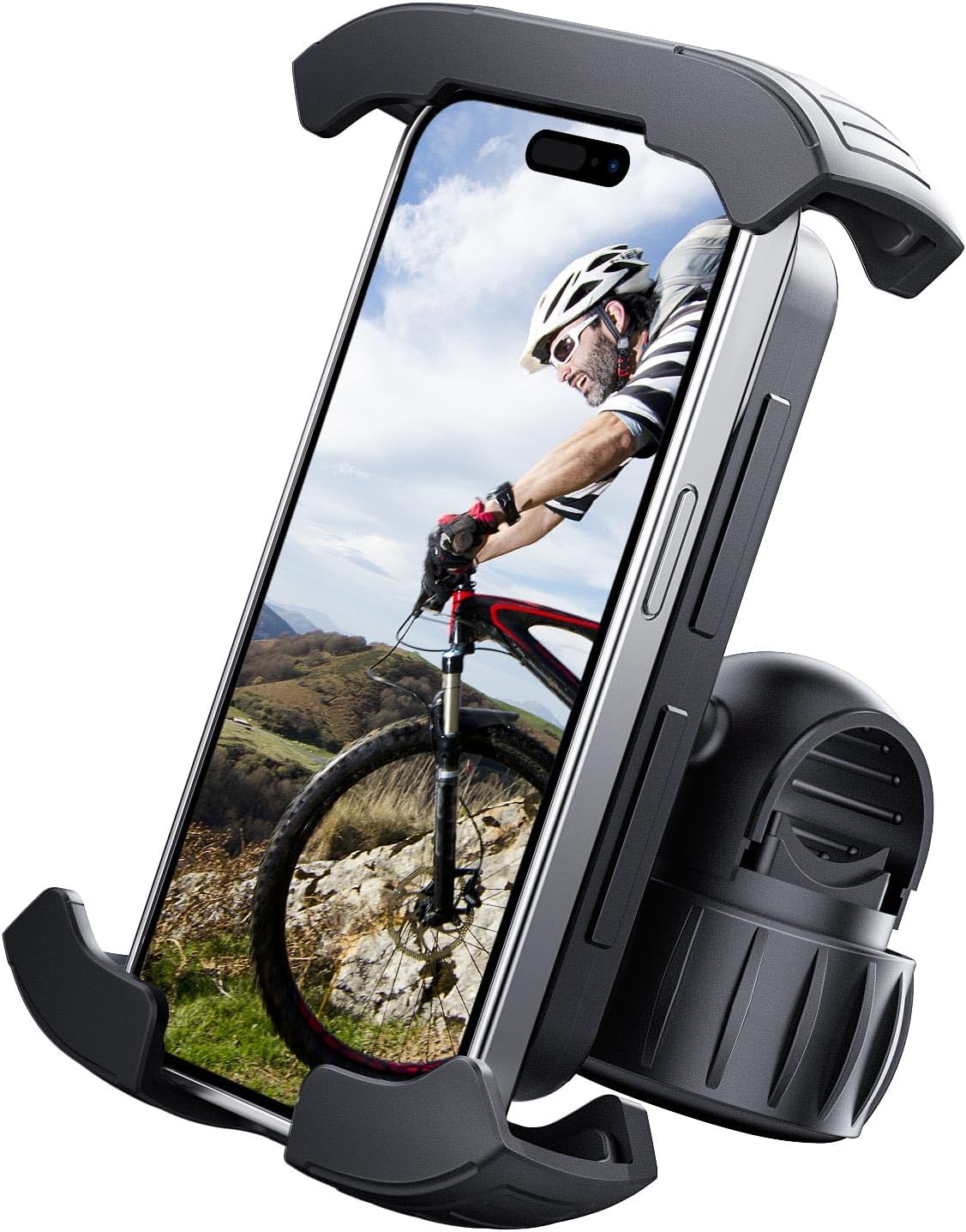 VOLPAM Bike Phone Mount Holder with a phone displaying a cyclist on a mountain bike
