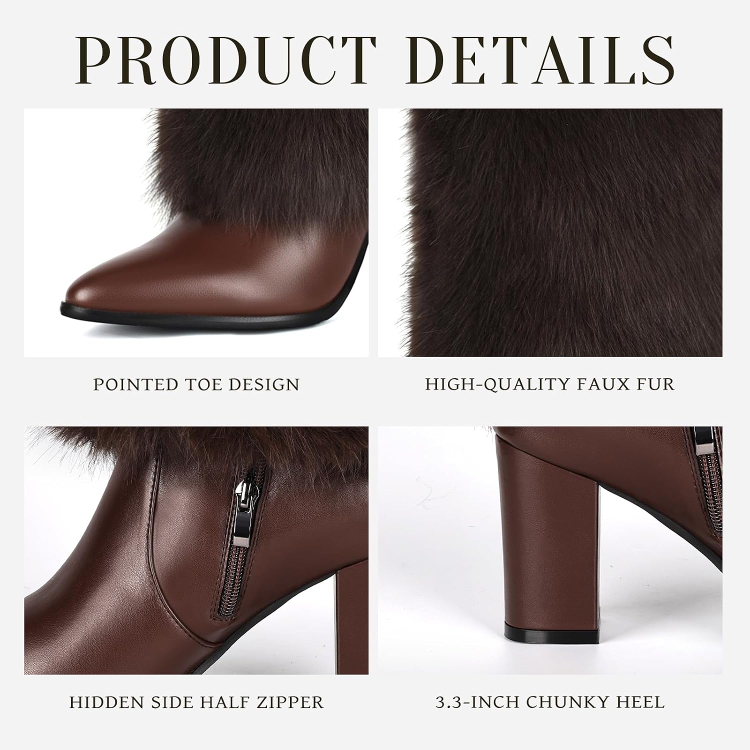 Womens 3.3-inch Chunky Mid Calf Fur Heel Boots Furry Fuzzy Fluffy Pointed Toe Boots for Women Short Wide Calf Fall Winter Snow Fold Over Boot with Side Zipper - Image 5