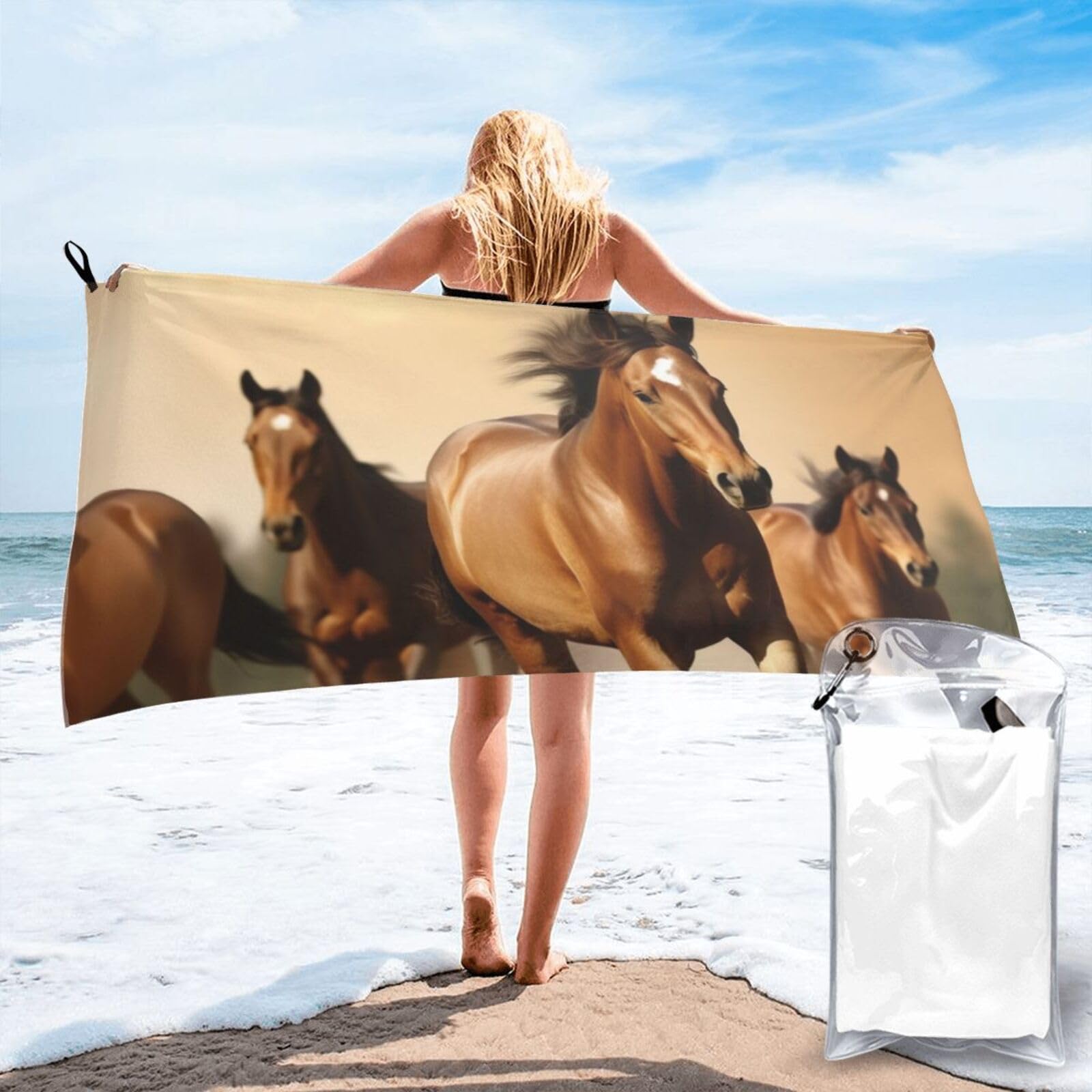 DWVTSLH Microfiber Sand Free Beach Towel 31.5"x63", Quick Dry Absorbent Travel Towel Large Camping Blanket, Horses Bath Towels Lightweight Pool Swim Towels for Vacation Essentials