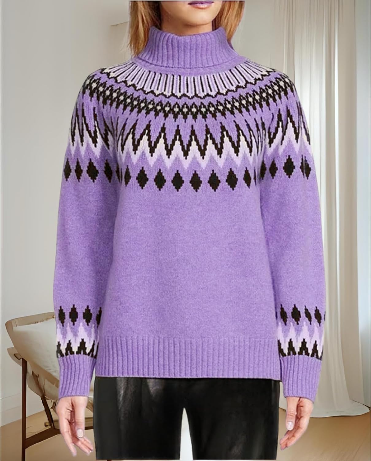 Women's Geometric Print Turtleneck Sweater Winter Warm Long Sleeve Casual Top for Vacation and Daily Wear - Image 6