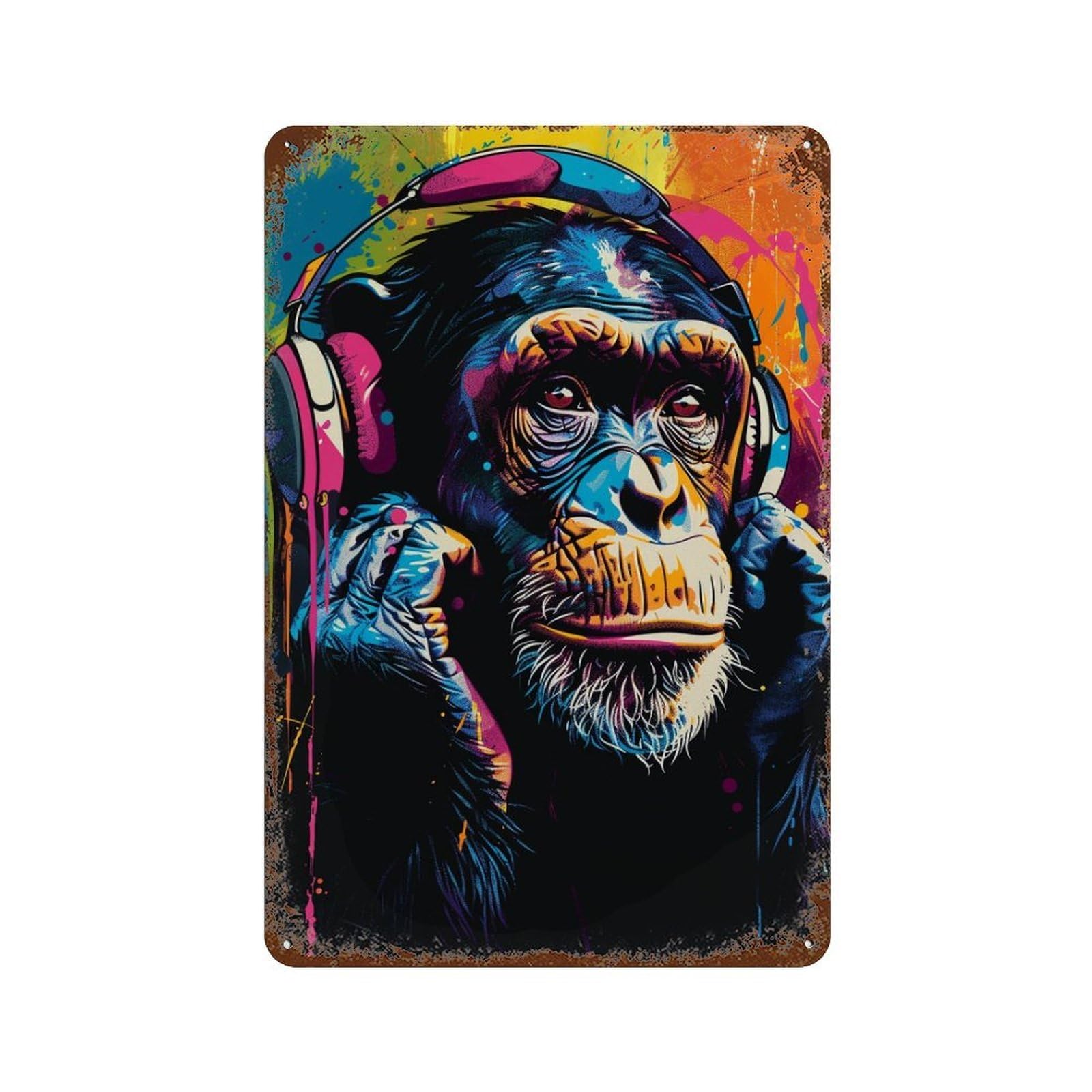 Chimp Headphones Music Art Print 11.8"x7.9" Rustic Tin Plaque, Industrial Home Decor for Farmhouse, Kitchen And Entryway Decor