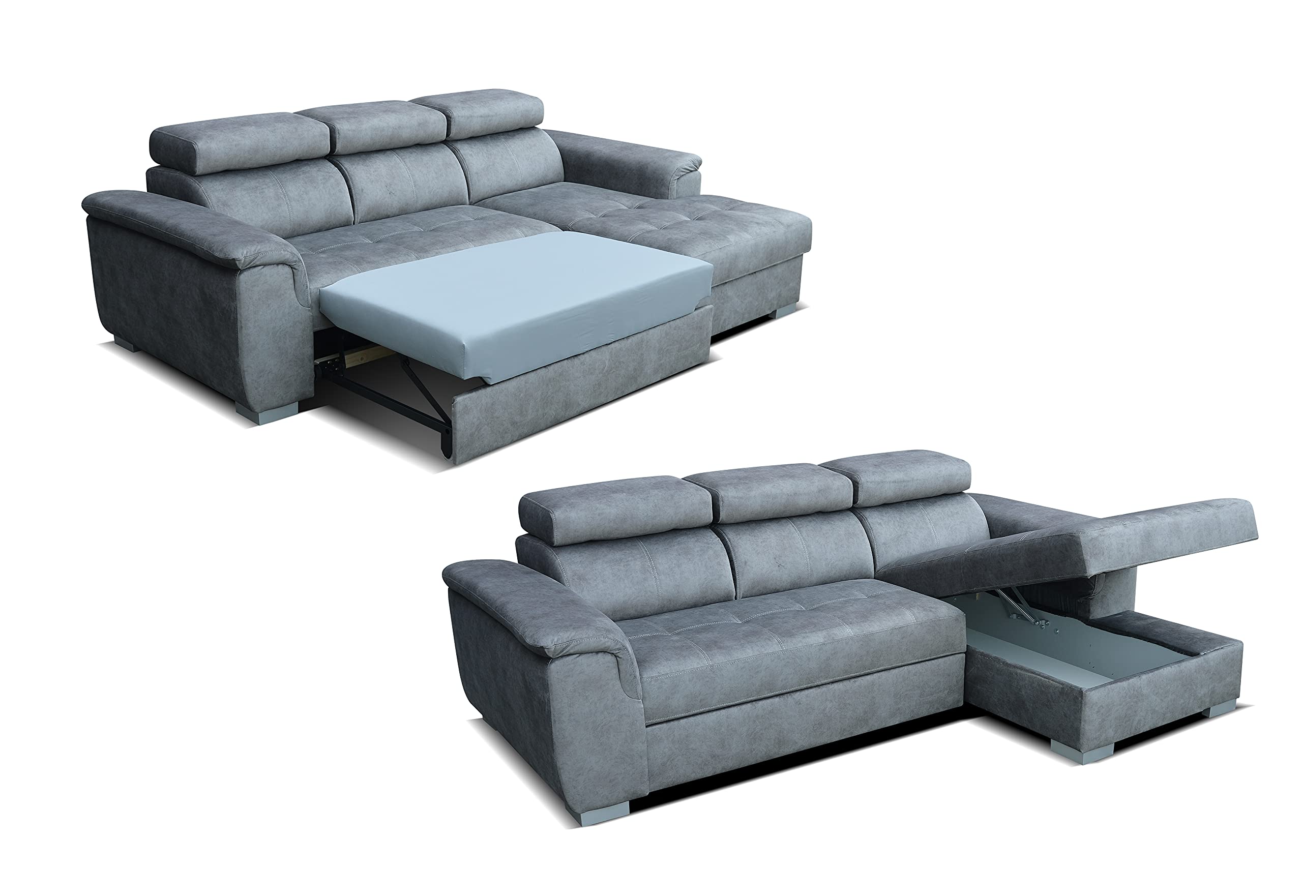 Robin Inspire Sofá Esquinero Modular de 3 Plazas - Sofá Cama en Forma de L Derecho - Arcón de Almacenaje, 3 Reposacabezas Ajustables - para Salón Moderno - 247 cm Silver Gris