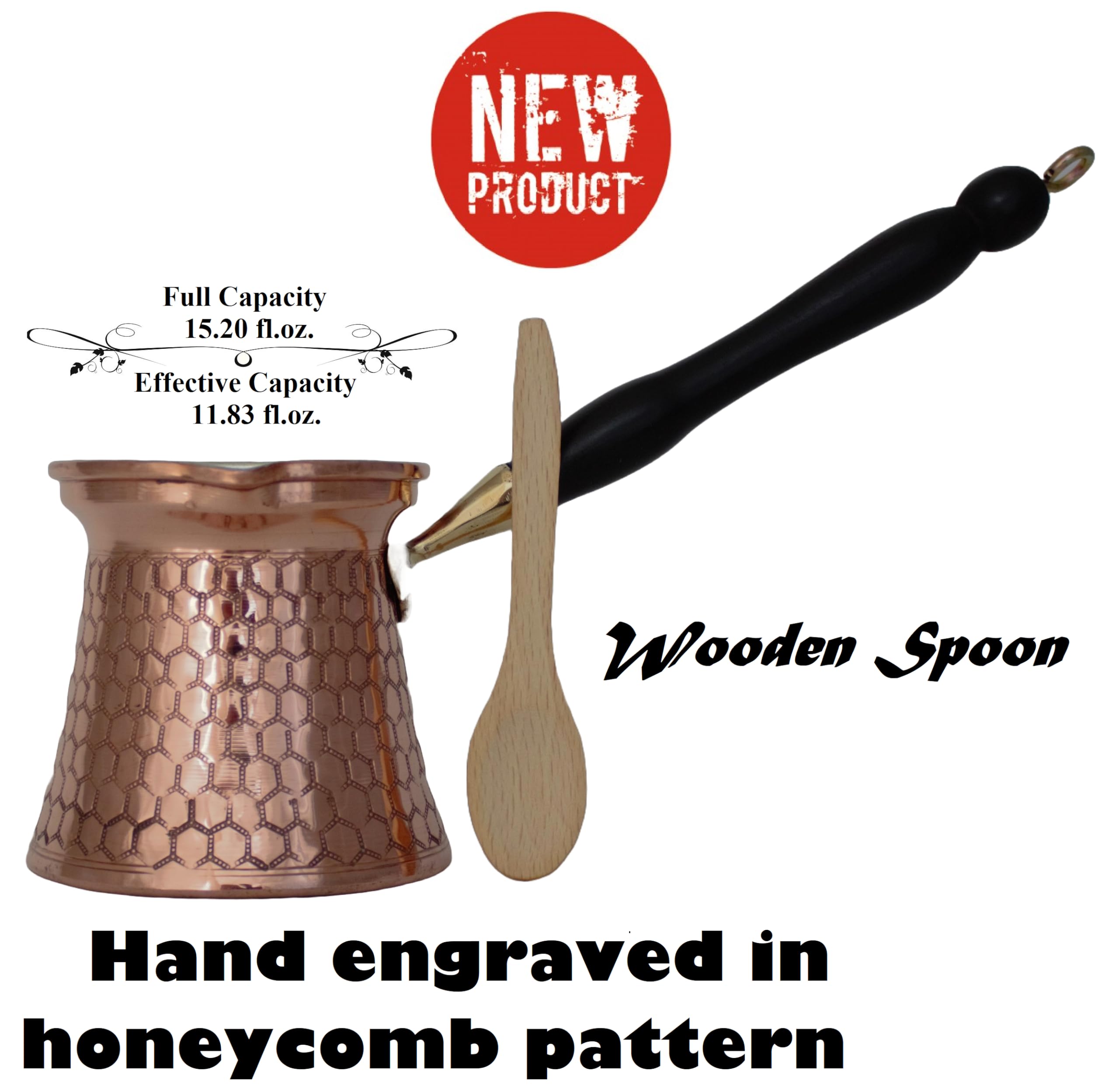 YDB Copper-KCP Series-Large (15.2floz)-Turkish Greek Arabic Coffee Pot with Wood Handle/Thickest Solid Engraved/Hammered Copper Cezve,Jezve,Jazva,Ibrik,Briki,Coffee Maker for stovetop (Copper)