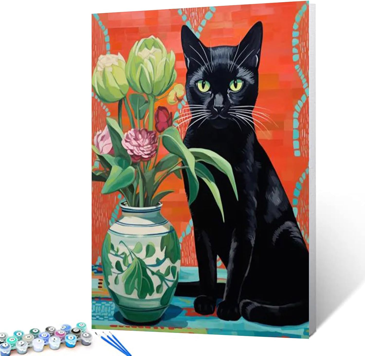 Tucocoo Black Cat Sitting by The Floral Vase Oil Painting Paint by Number Kits 16 x 20 inch Canvas Green Flowers DIY Painting for Kid Students Adult Beginner with Brushes Acrylic Pigment(DIY Frame)