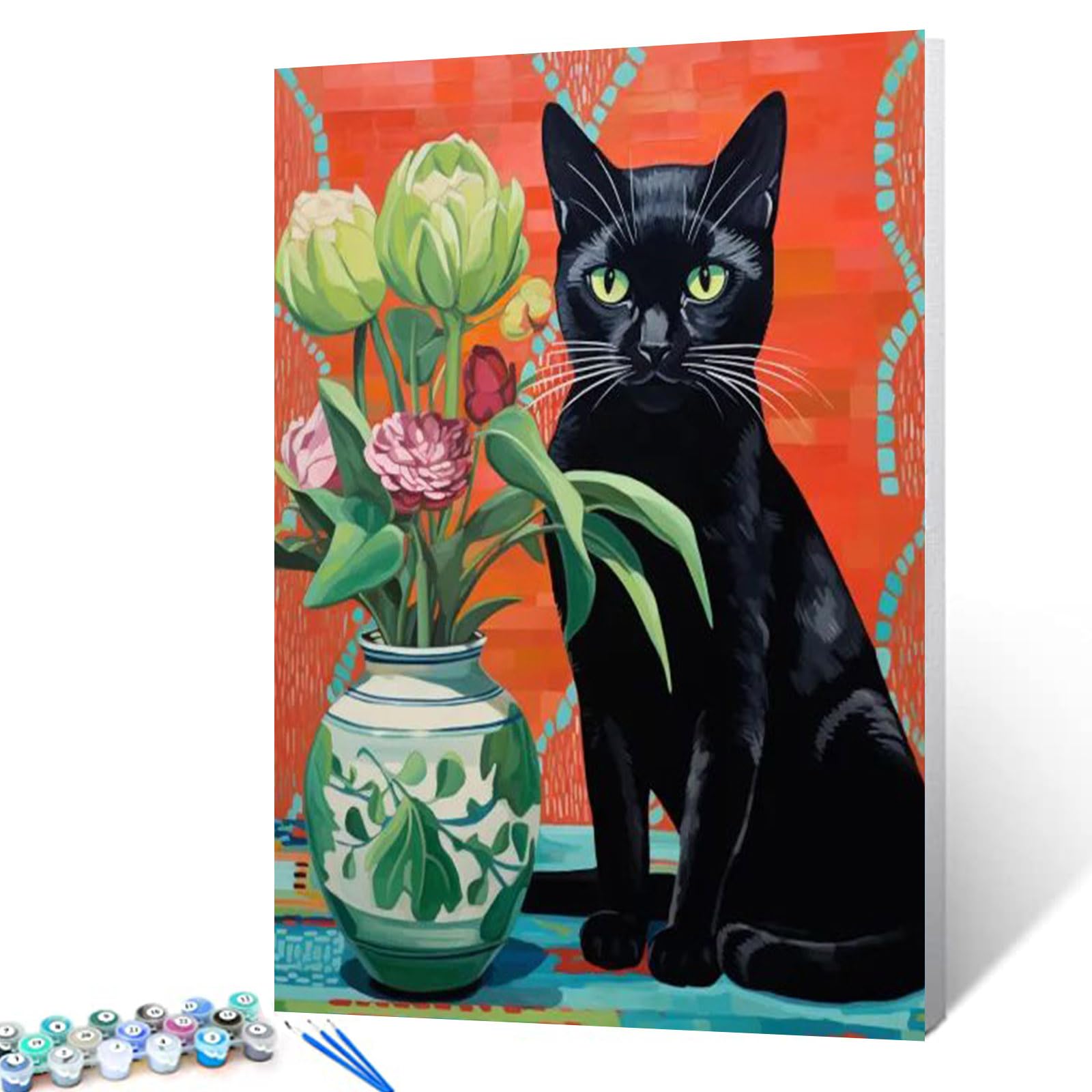 House sitting アクリル画　F3 Amazon.com: Black Cat Sitting by the Floral Vase Oil