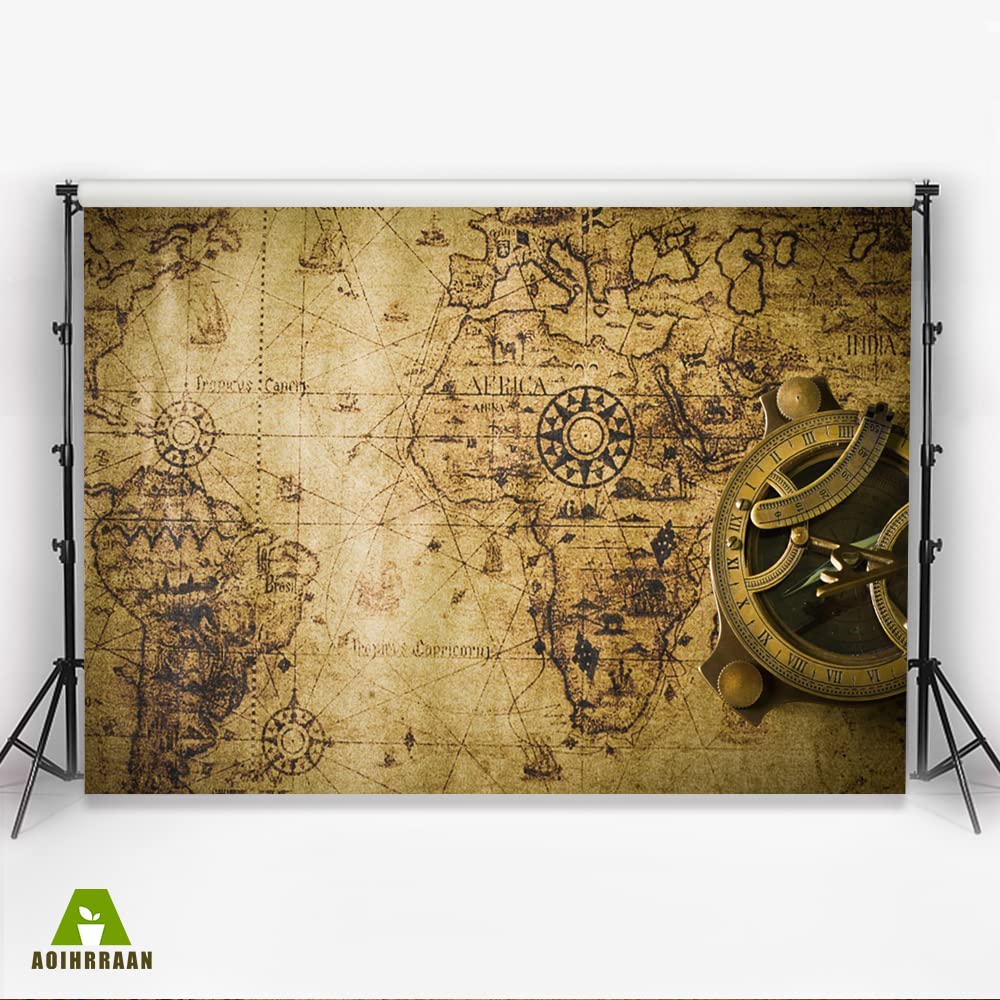 Aoihrraan 3x2m Antiguo Mundo Mapa Fondo Vintage Brújula Mundo Viajes Náutico Tema Fotografía Fondo Sala de Estar Habitación Papel Tapiz Película Brotes Personal Nostalgia Retrato Foto Accesorios