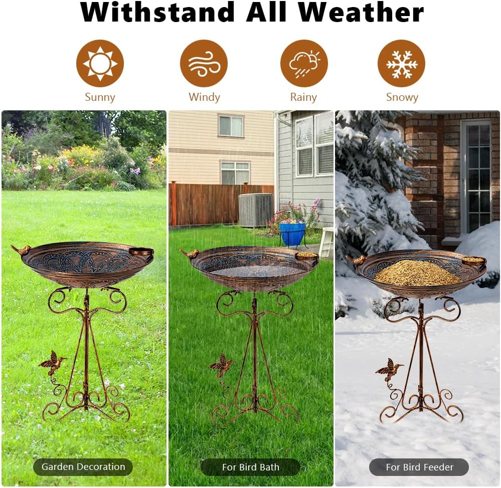 Bird Bath Large Bird Bath for Outside,Garden Bird Baths for Outdoors with Metal Pedestal Birdbath Vintage Bird Feeder Birdbaths Bowl with Folding Bracket