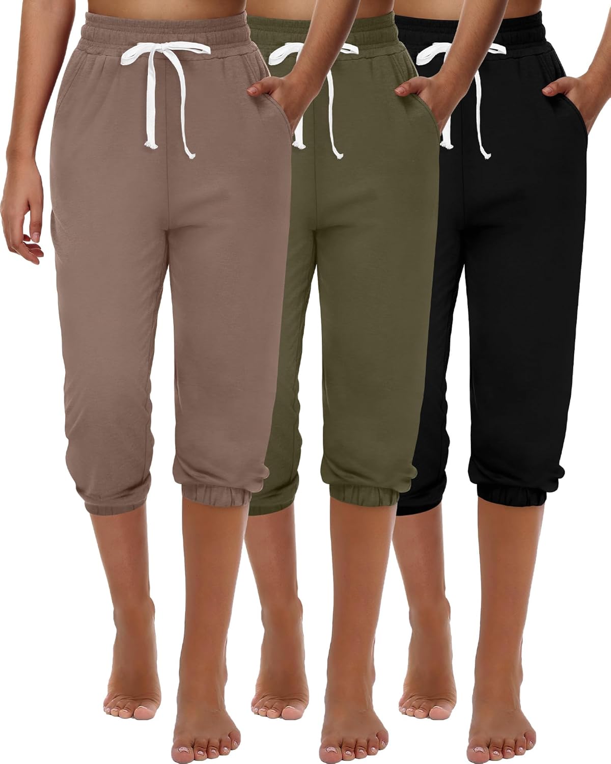 Ficerd 3 Pcs Women's Capri Sweatpants Joggers Summer Casual Sports Cropped Lounge Pants High Waisted Athletic with Pockets
