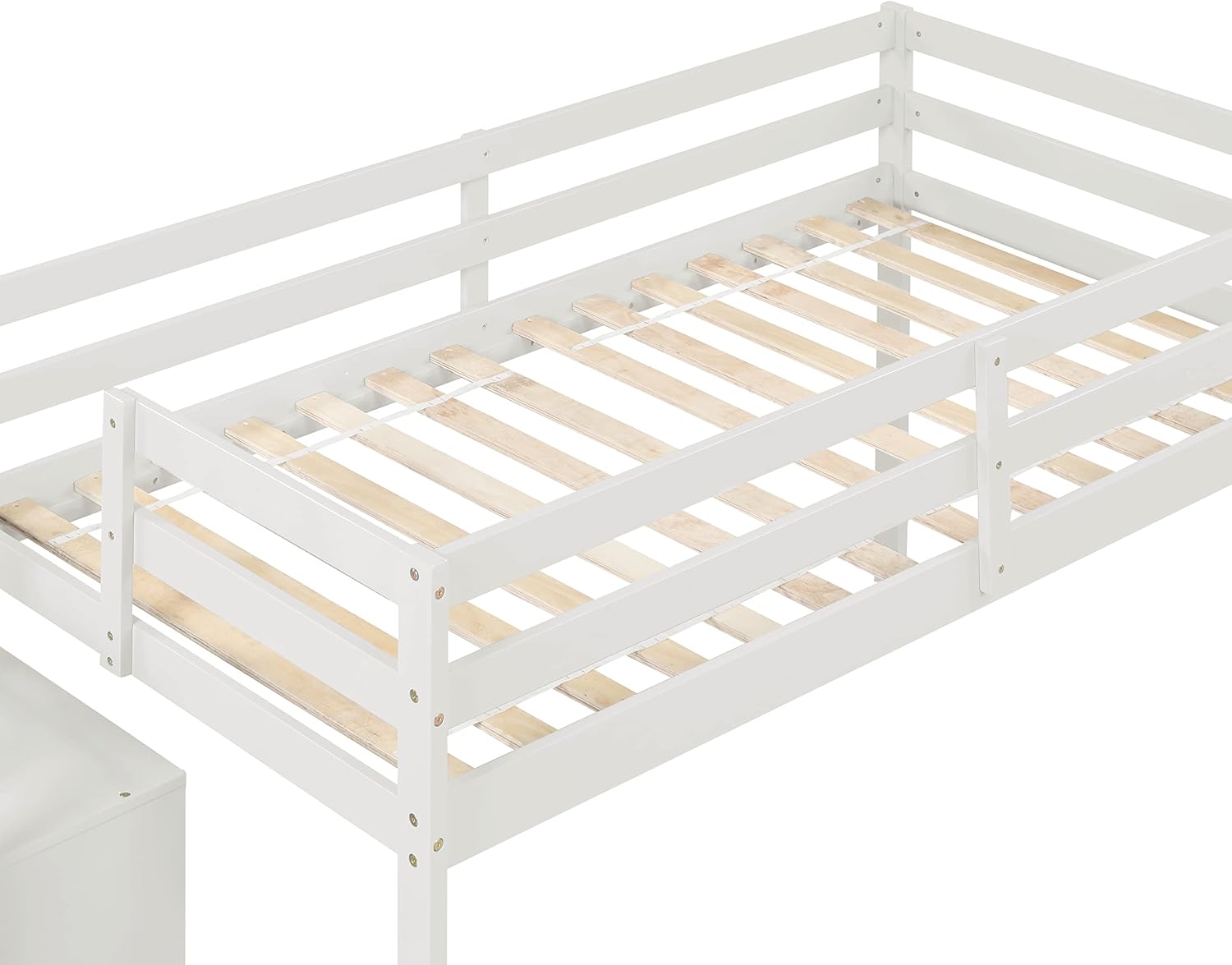 Close-up view of the bed slats and frame construction