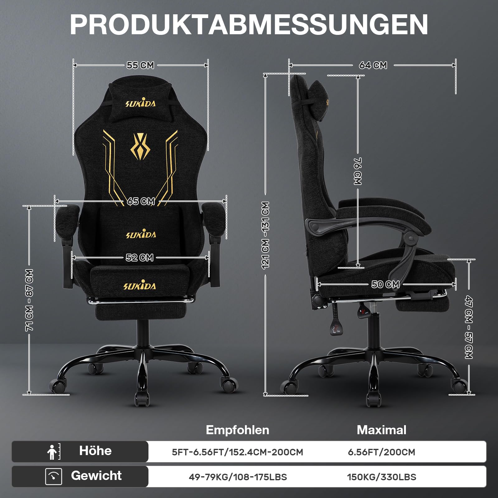 SUKIDA Gaming Stuhl Stoff Ergonomisch, Chenille Gaming Chair mit Fußstütze, Kopfstütze und Lendenkissen, Höhenverstellbarer Schreibtischstuhl mit Atmungsaktivem Stoff, 150 kg,Schwarz