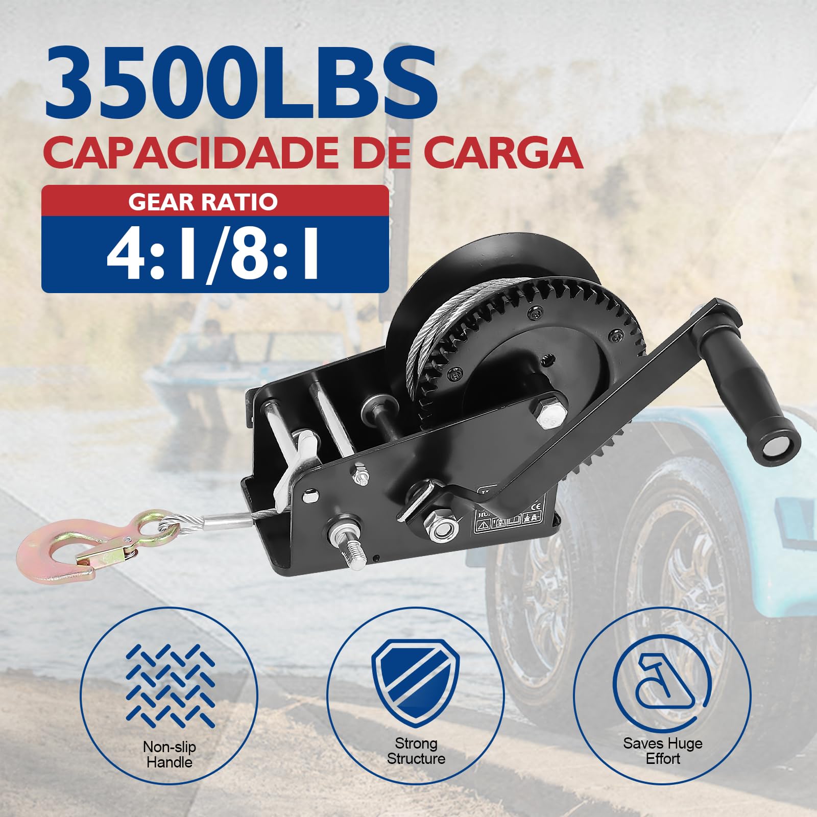 3500lbs Heavy Duty Hand Winch With 33FT Strap And Safety