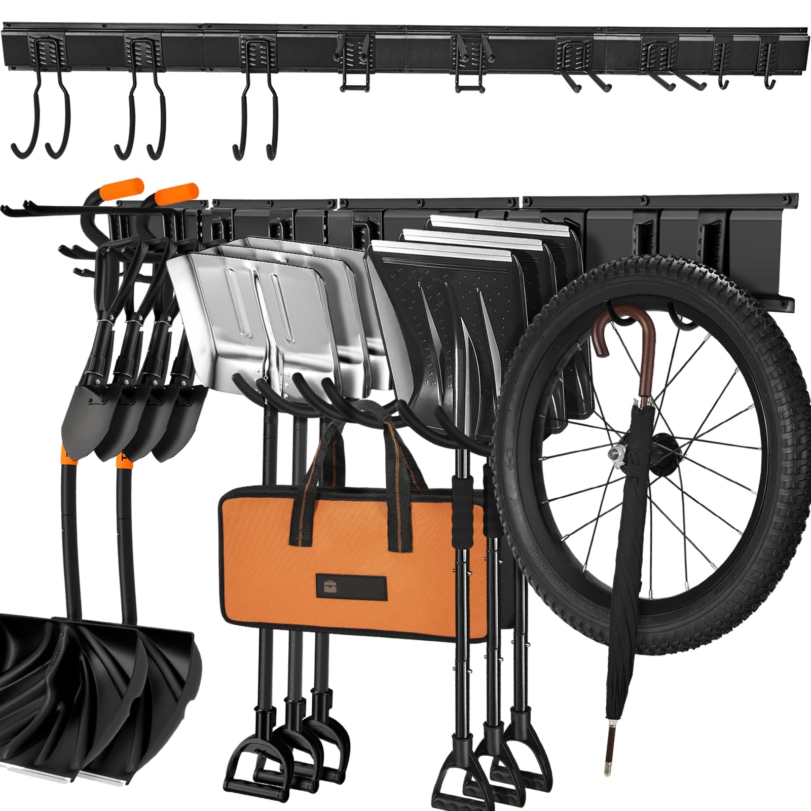 Tool Storage Rack - Garage Tool Organizer Wall Mount, 13Pcs Garden Tool Organizer with 4 Rails & 9 Hooks, Heavy Duty Yard Tool Organizer for Garage Garden Shed Shovels Rake Ladders, 64in, Holds 600 Lb