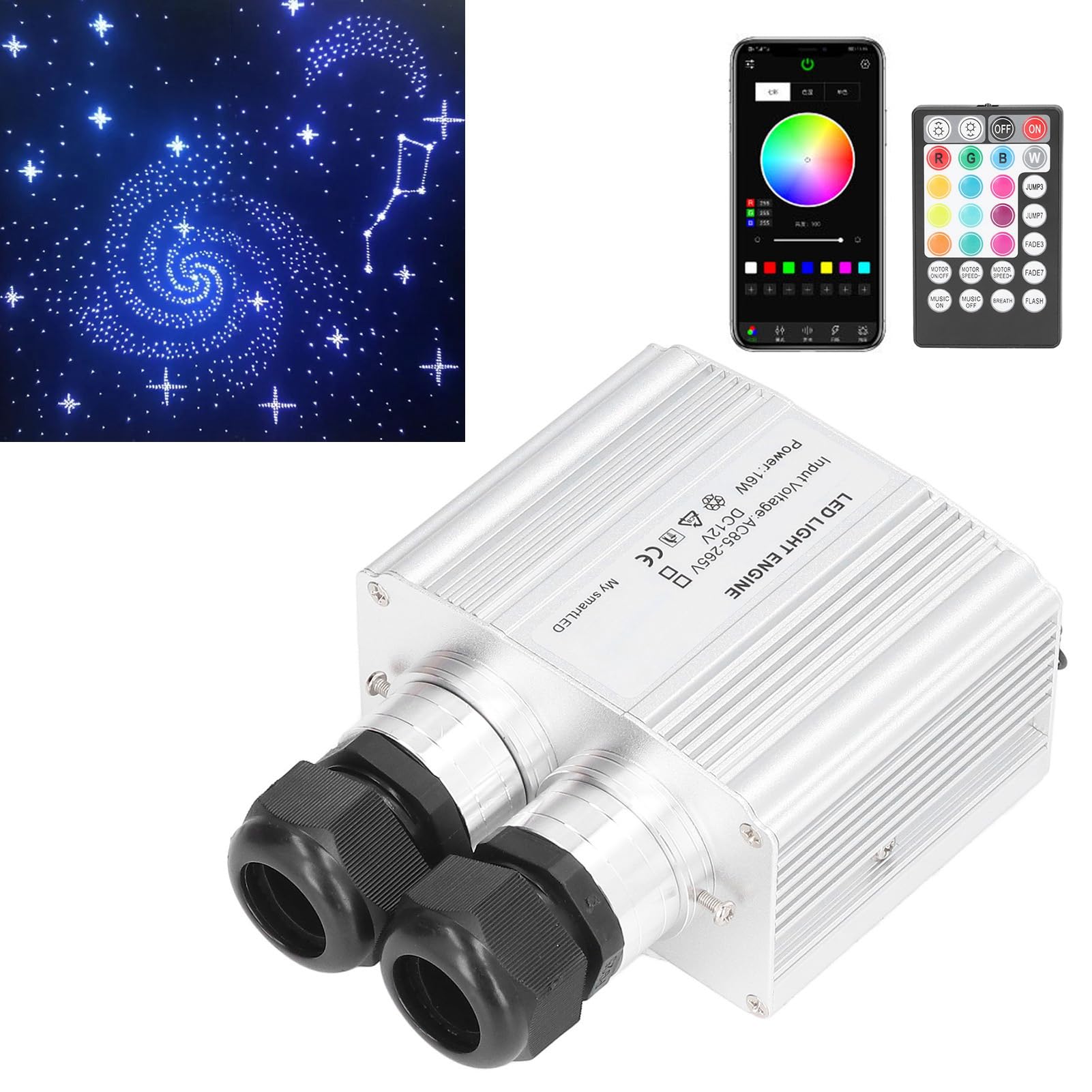 Luce a Fibra Ottica 16W RGBW con Telecomando, Illuminazione Decorativa a Doppia Testa per Casa Arte Tende Schermi Auto, Controllo Vocale Luci LED Effetto Lampeggiante