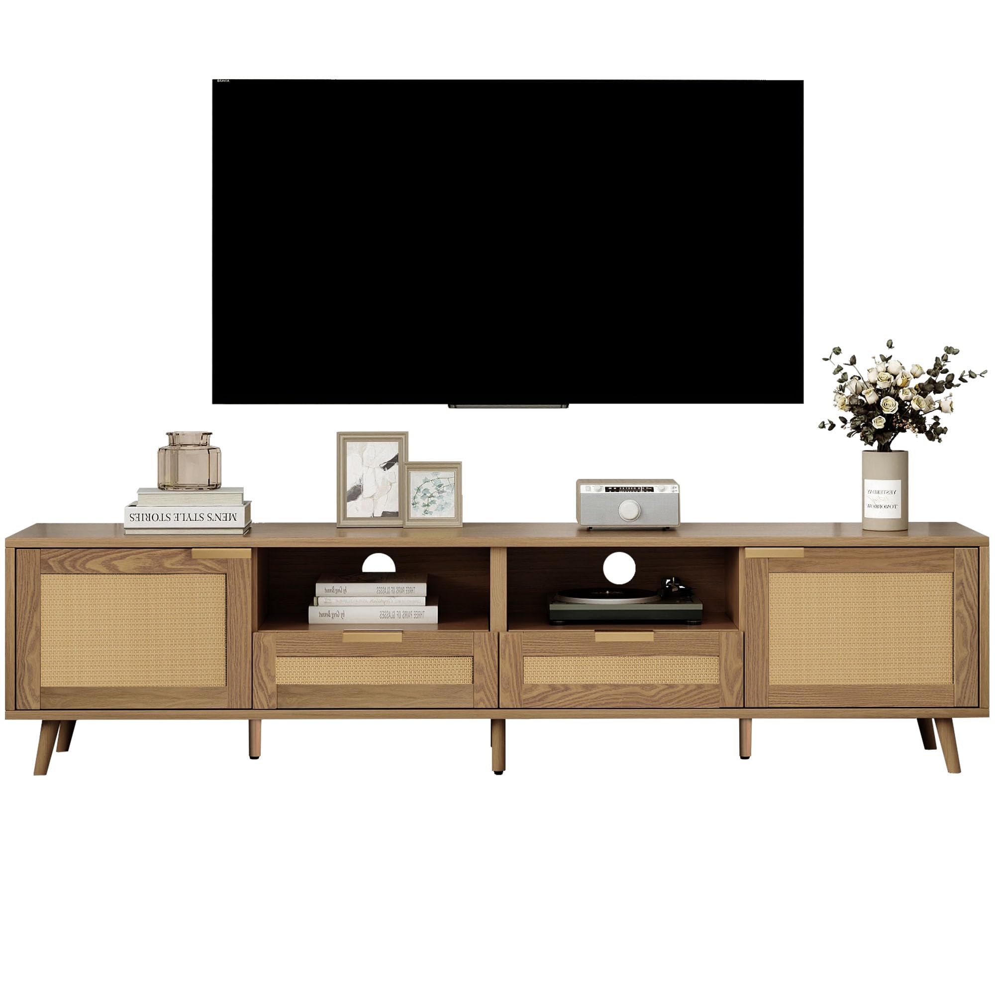 Mobile TV in rattan con piedi in legno massello, per TV fino a 49", larghezza 200 cm, effetto rovere, regolabile in altezza, stile rustico