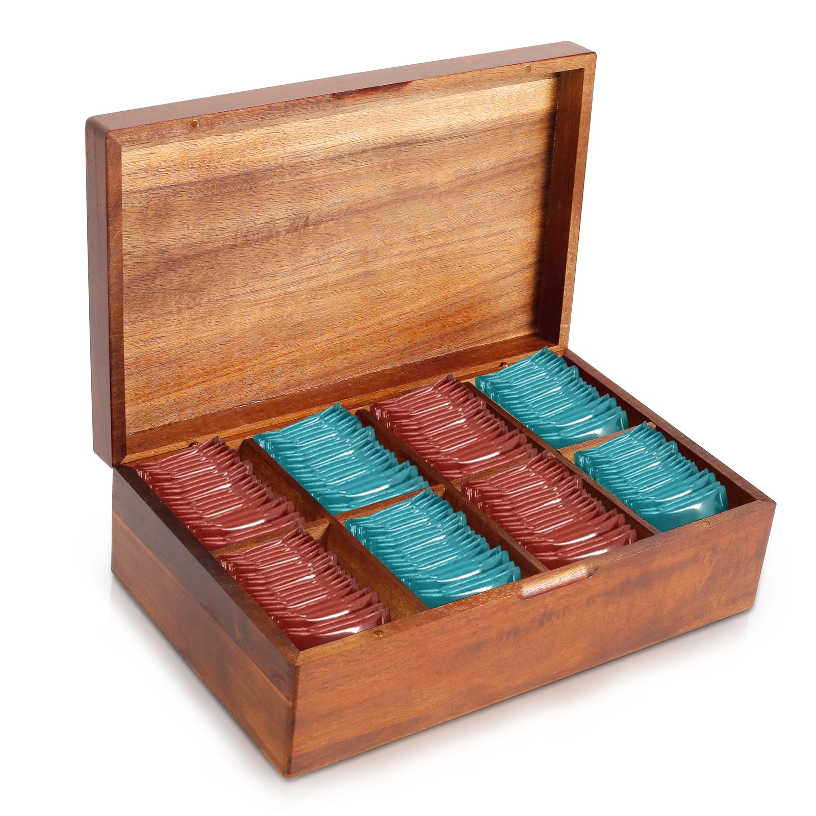 Ghshanog Tea Bag Box,Wooden Tea Storage Box with 4/8 compartments,31x10.5x9.5CM Teas Bags Organizer Coffee Bag Holder Teas Chest Container with Lid for Sugar, Coffee Pods(8 Grid)