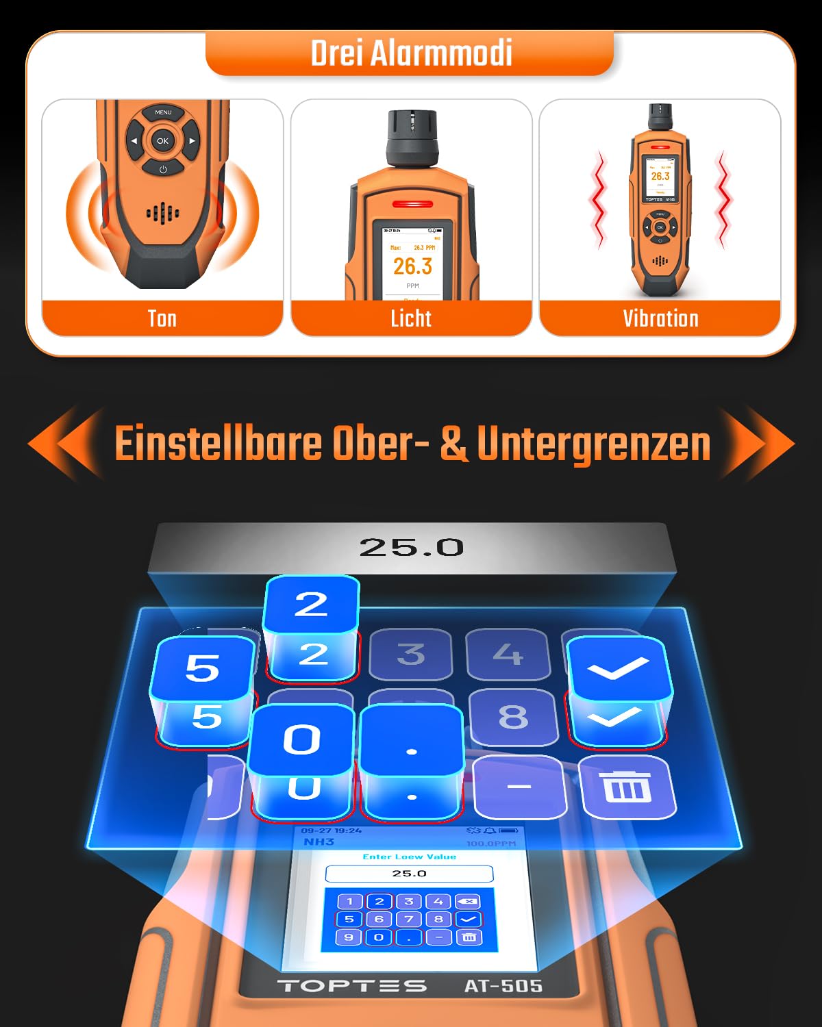 TOPTES AT-505 Wiederaufladbarer Ammoniak-Gasdetektor, 0–100 PPM NH3 Gasmessgerät mit Dreifachalarm, Alarmaufzeichnung und einstellbaren Alarmschwellen für Bauernhof, Geflügel-, Schweine- und Viehzucht