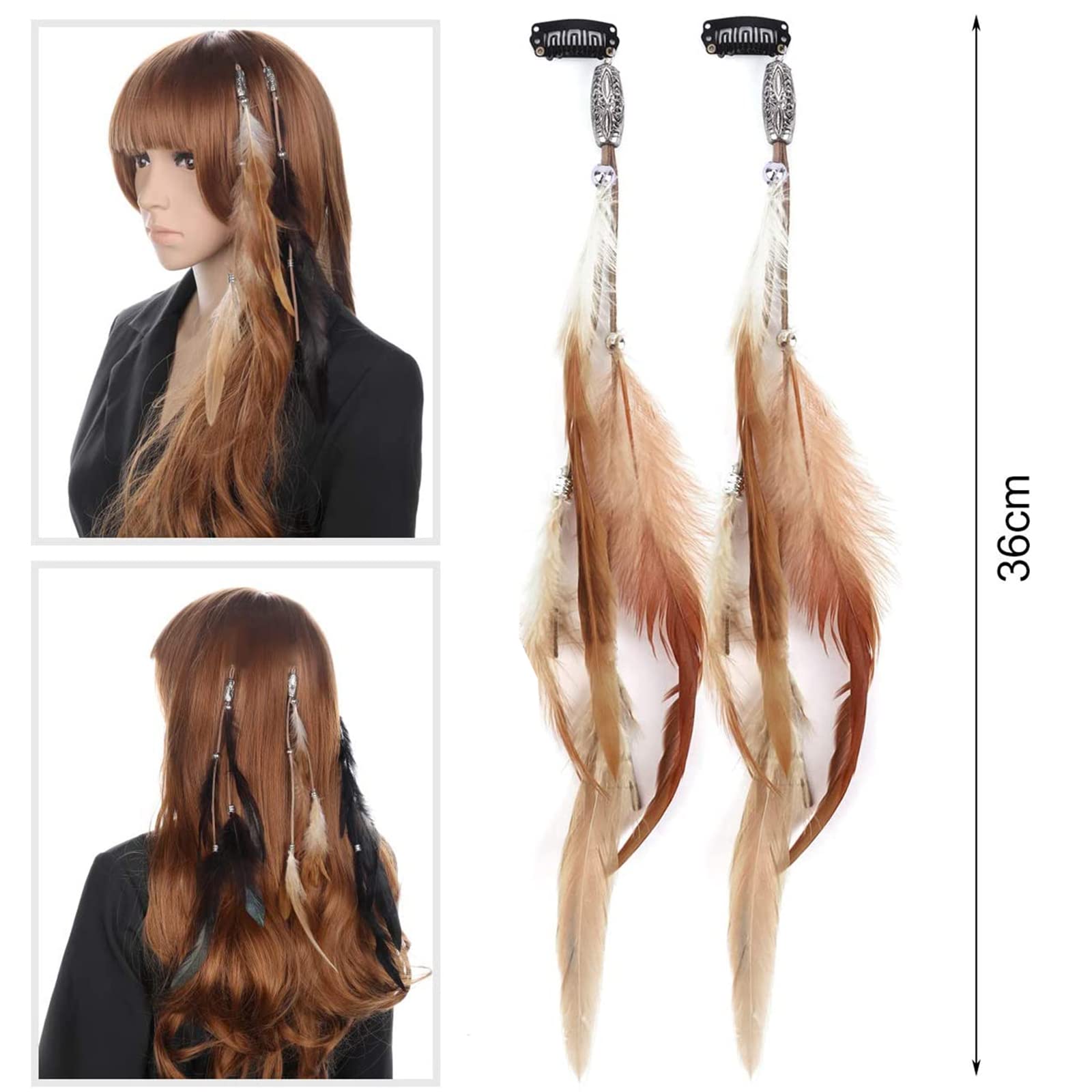 MWOOT 4 Pezzi Mollette per Capelli Piuma, Estensioni dei Capelli Piuma Bohémien Indiano, Accessori per Capelli Hippie, Decorazione dei Capelli per Festival Halloween Tema del Partito Marrone Cachi