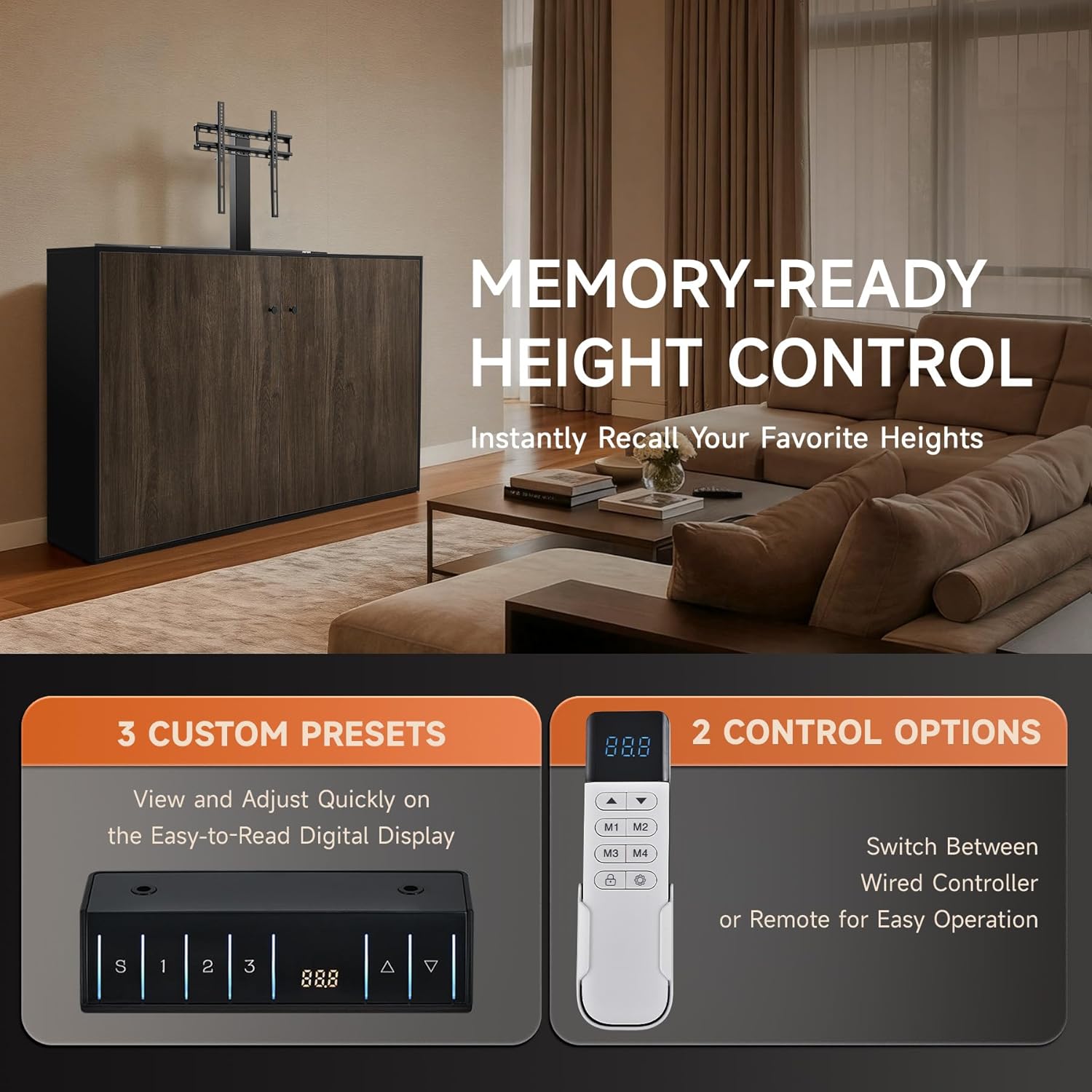 CO-Z Motorized TV Lift for 32-65 Inch TV Mount Mechanism with Digital Display Remote Control and Memory Setting, Height Adjustable 39-63 Inch,Load Capacity 177 Lbs for Home Office