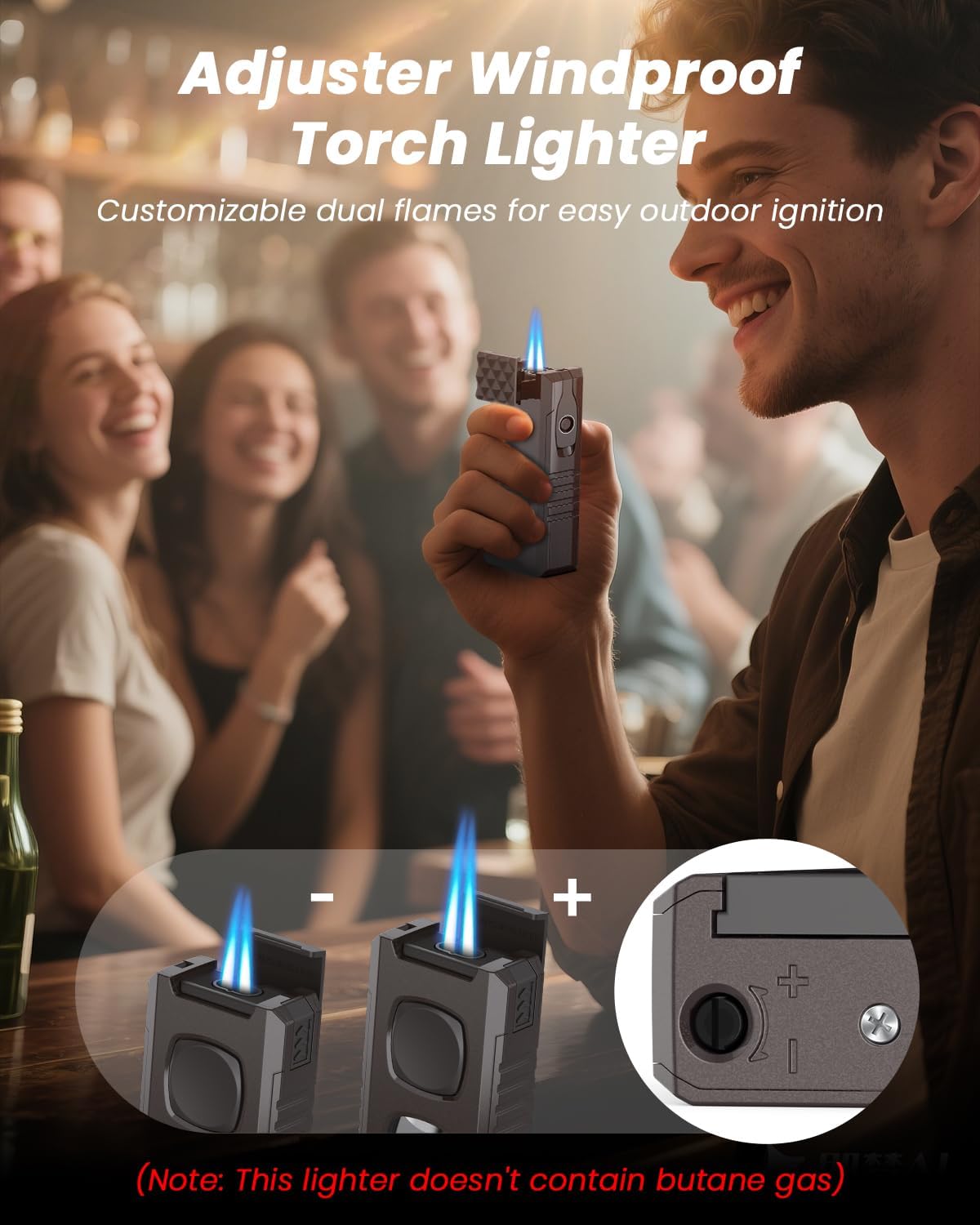 5-in-1 Torch Lighter with Holder, Straight Cutter, Punch, Windproof 2 Jet Flames, Draw Enhancer Tool, Gifts for Men, Butane Refillable Torch Lighter, Multifunctional Accessories for Outdoors, Travel