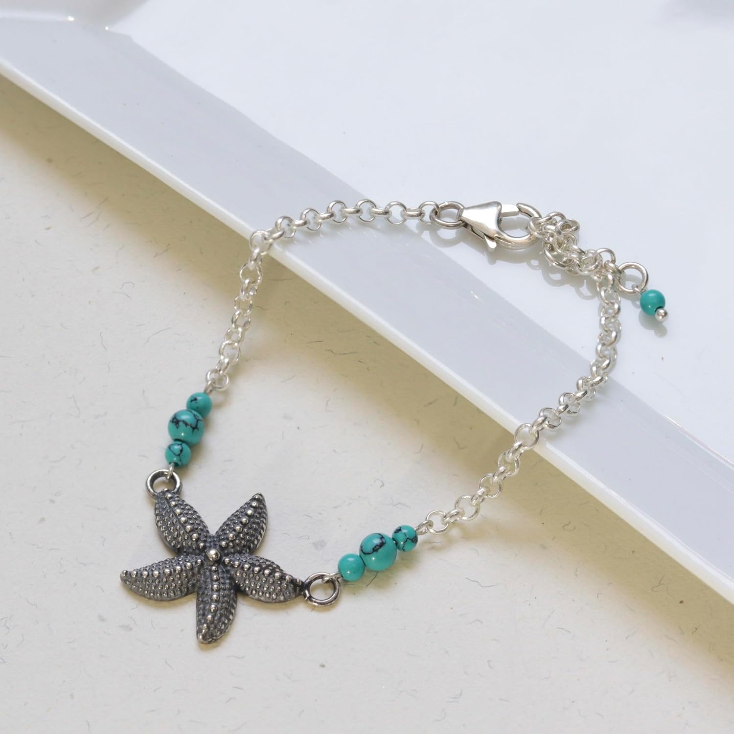 ADITA GOLD 925 Sterling Silver Turquoise Bracelet - 3mm Turquoise Round Beads with Starfish Silver Charm - 16-18cm Length - December Birthstone Turquoise Jewelry for Women - Perfect for Gifting - Image 3