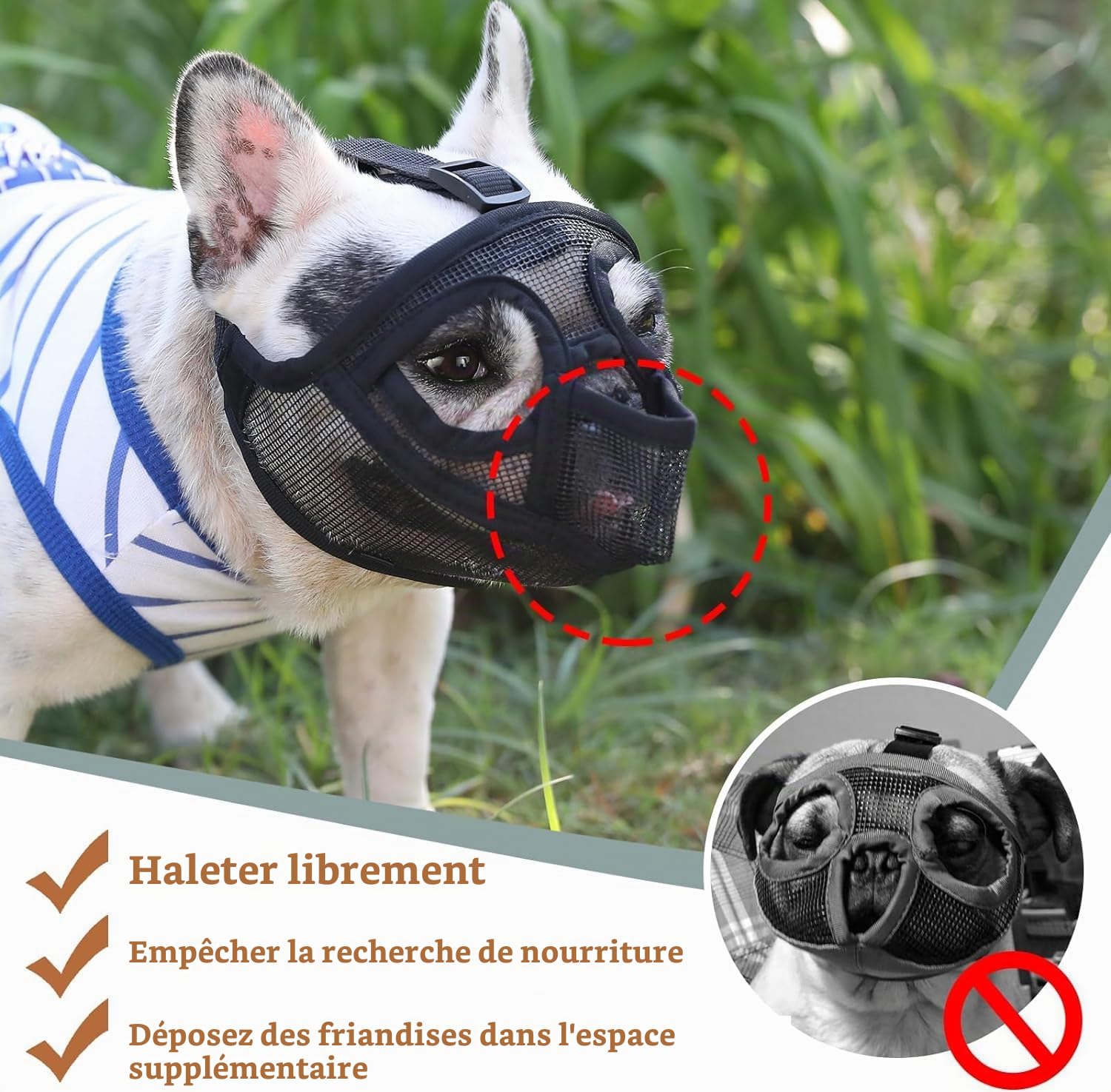 Mayerzon Muselière à museau Court pour Bouledogue français avec Pantalon Complet pour éviter de Manger des morsures, muselière en Maille Douce pour Chien Shih Tzu Carlin Bulldog Anglais pour Le