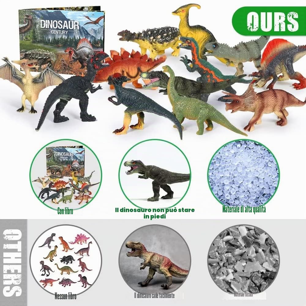 FRUSE Dinosauro Giocattolo per Bambini,12 Pezzi Educativi Realistico Figure di Dinosauri con T-Rex,Velociraptor,Libro Dinosauro,Dinosauri Giocattoli per Ragazzi Ragazze 3 4 5 6 Anni